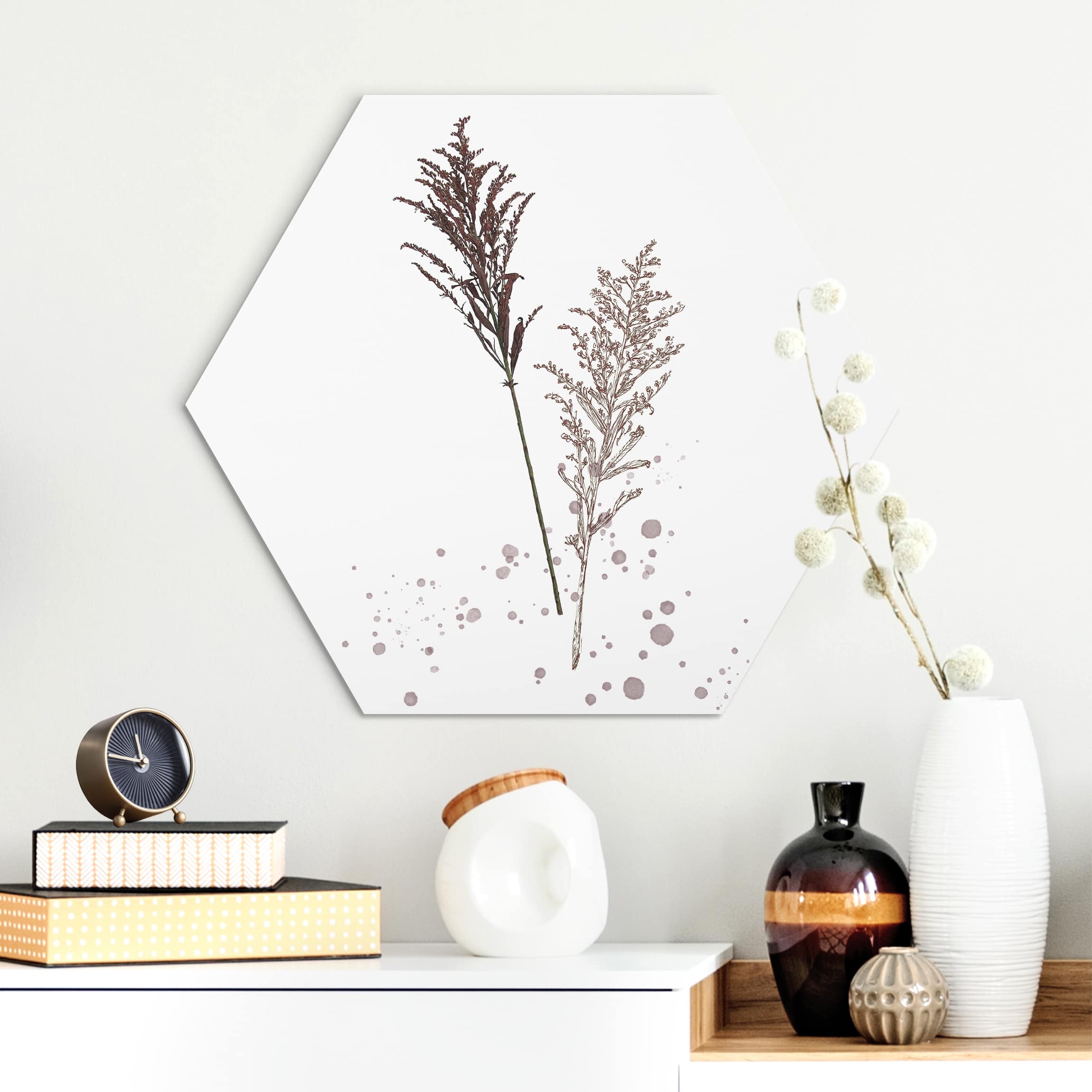 Hexagon-Alu-Dibond Bild Botanisches Aquarell - Schwingelschilf