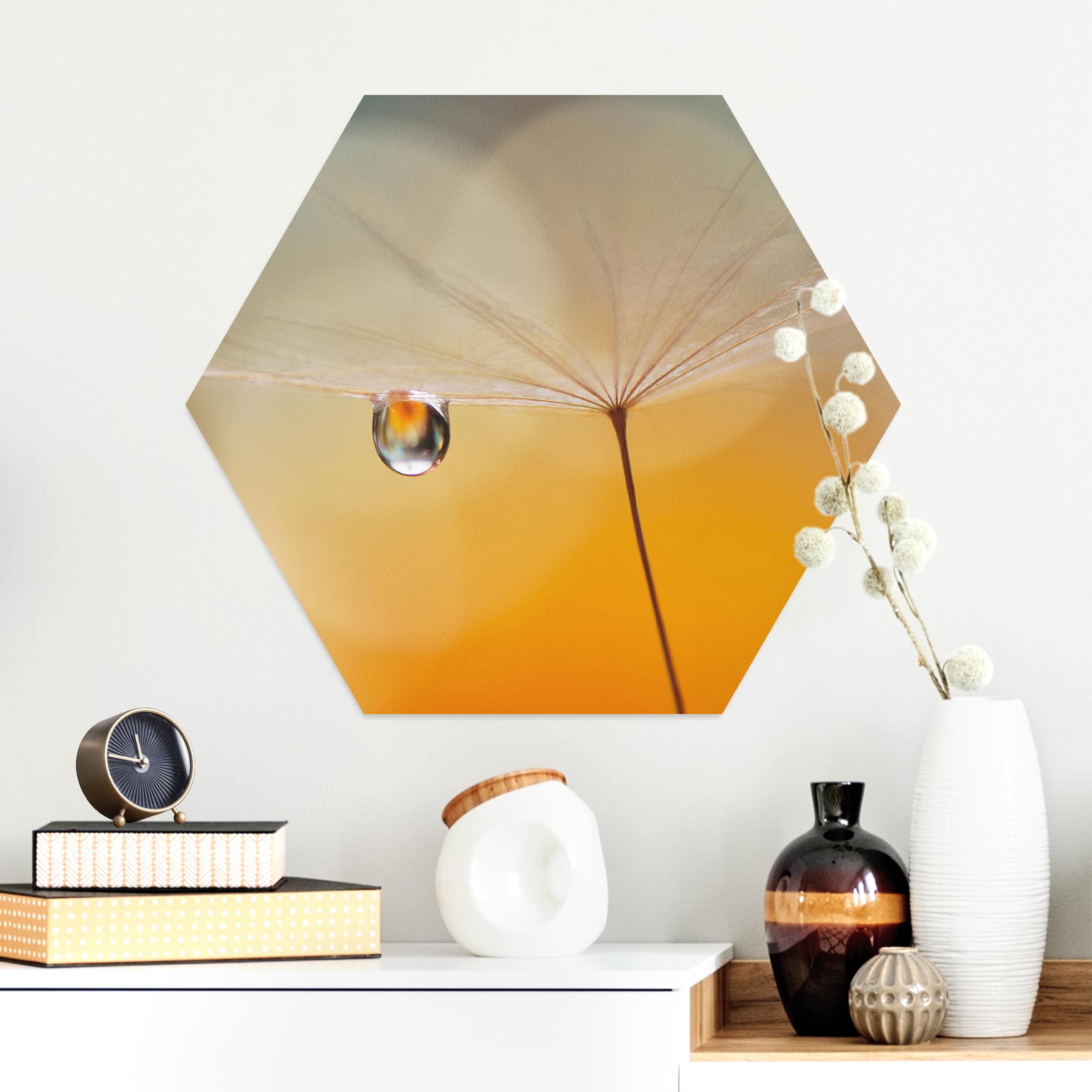 Hexagon-Alu-Dibond Bild Pusteblume in Orange