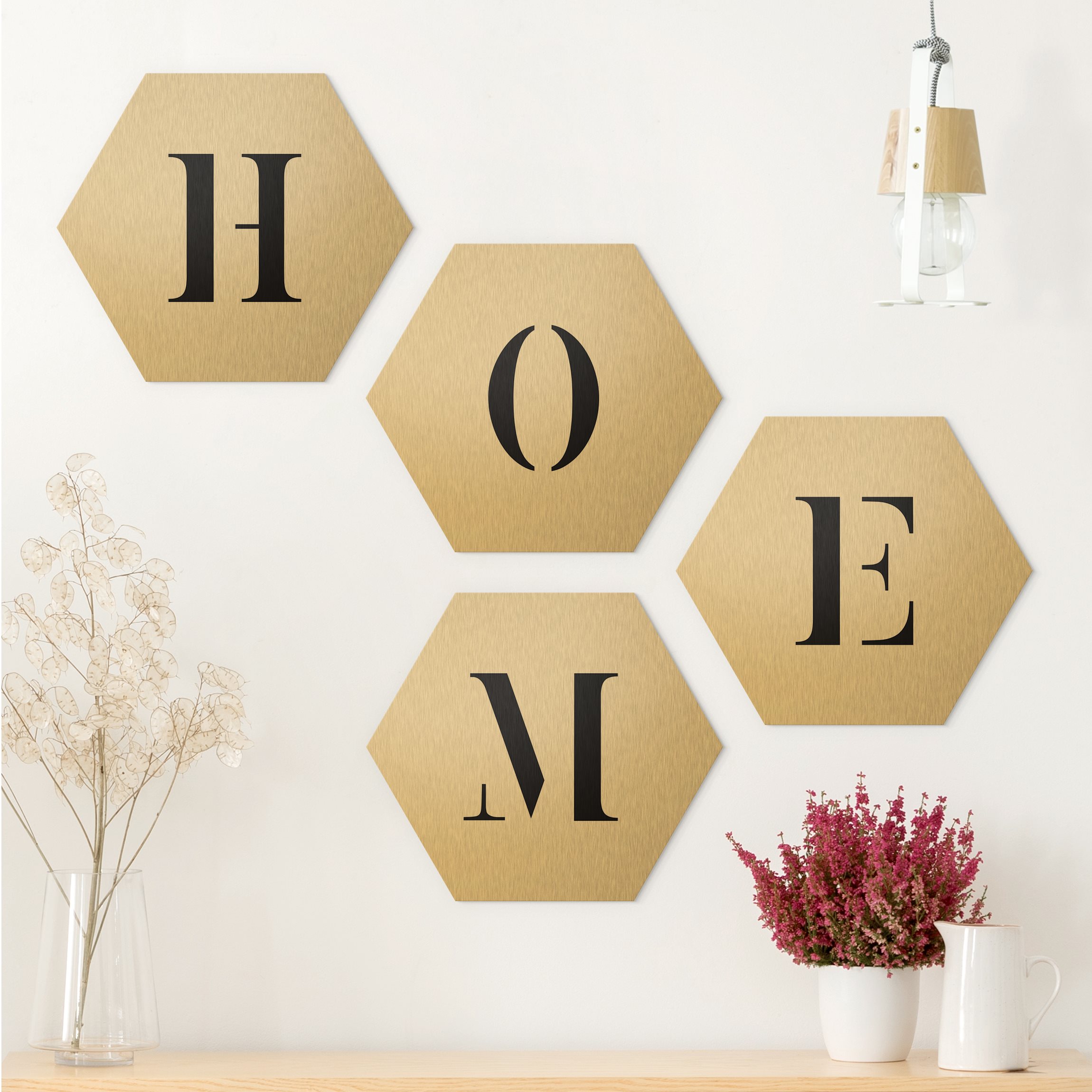4-teiliges Hexagon-Alu-Dibond Bild Buchstaben HOME Schwarz Set II