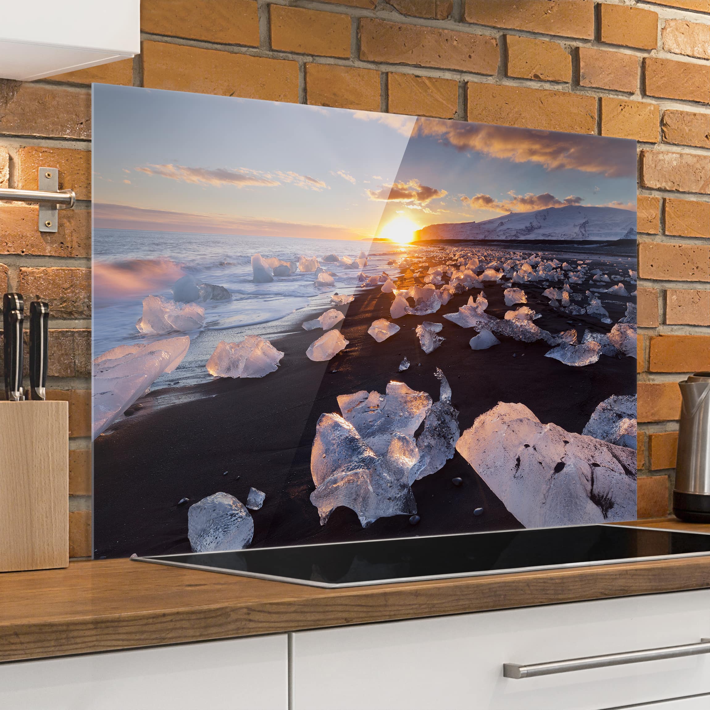 Glas Spritzschutz Eisbrocken am Strand Island