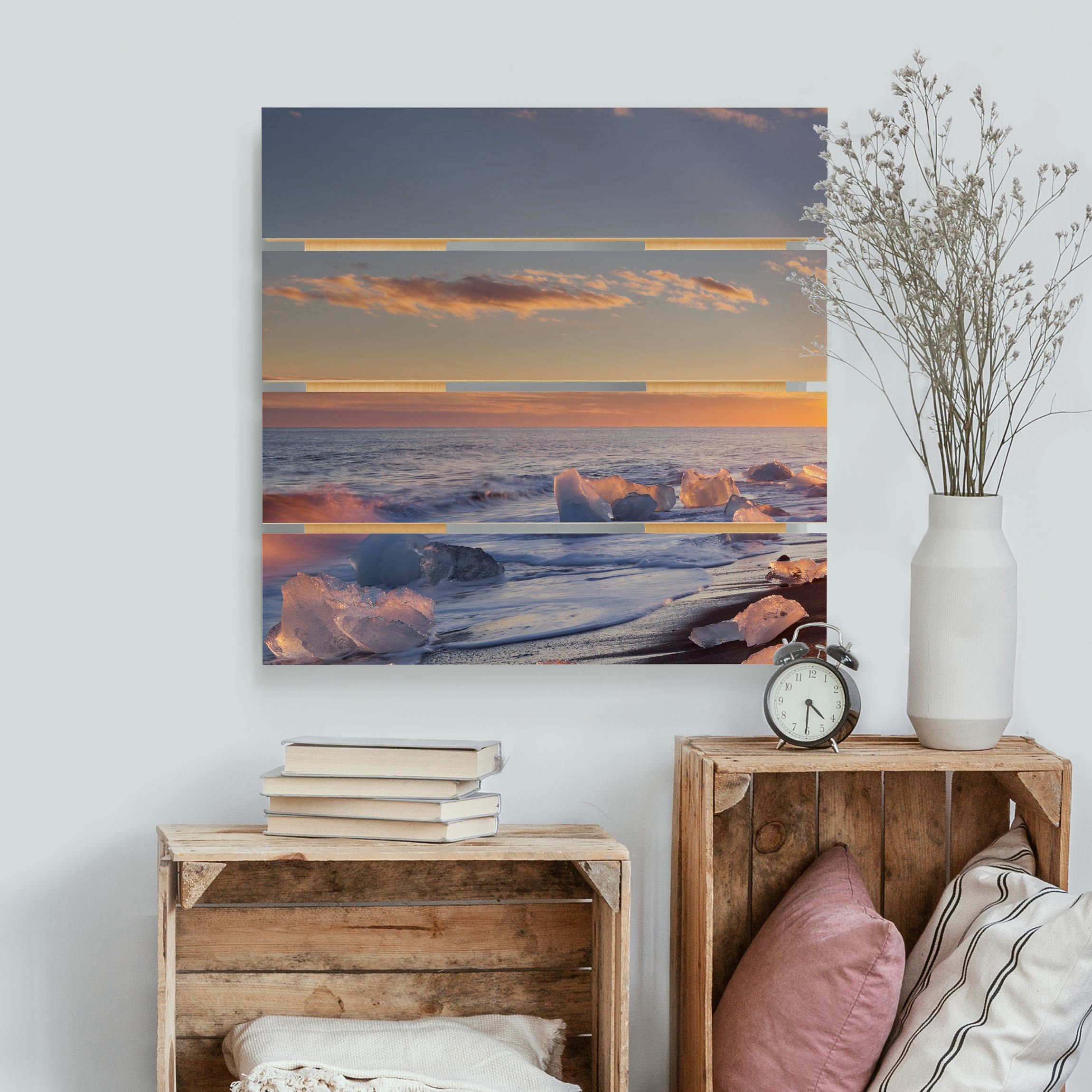 Holzbild Plankenoptik - Quadrat Eisbrocken am Strand Island