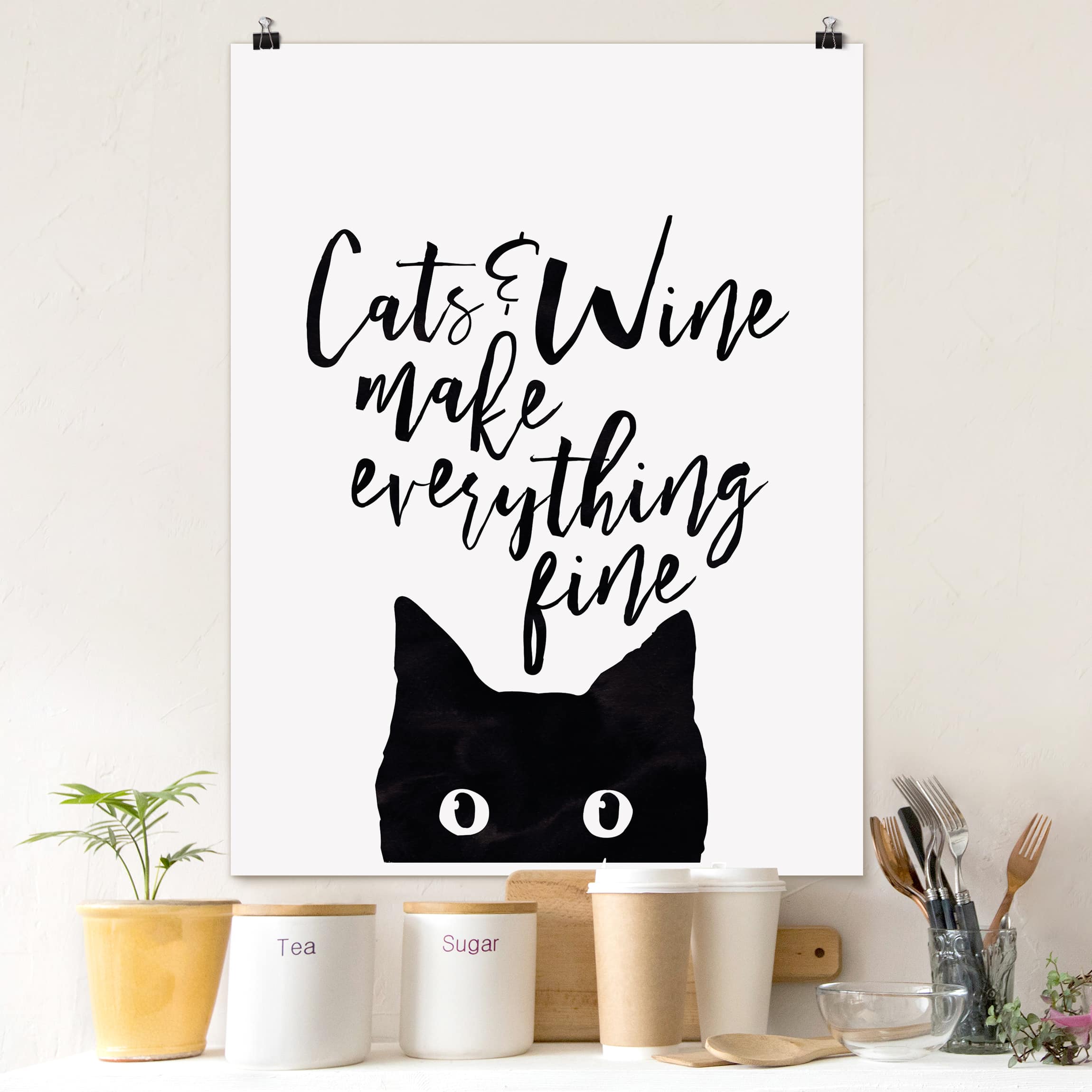 Poster Matt inkl. Posterklammern Cats and Wine make everything fine