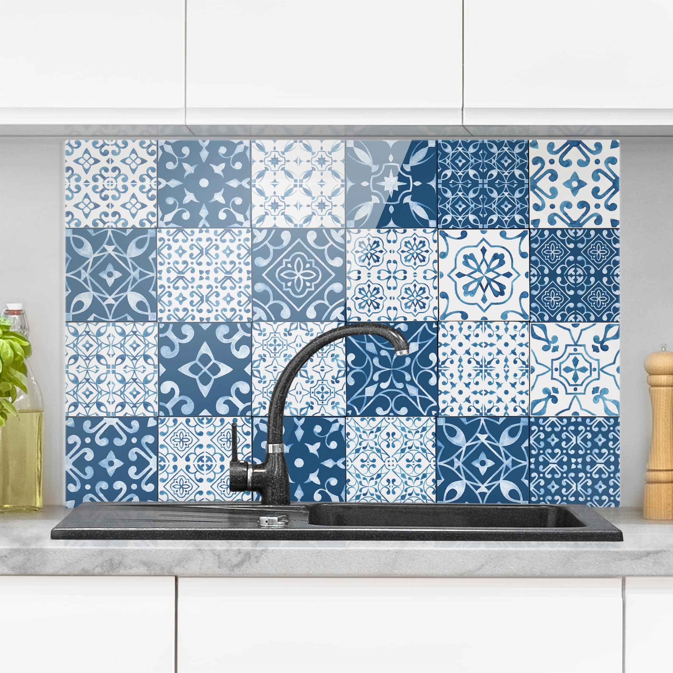Glas Spritzschutz - Querformat 3:2 Fliesen Mustermix Blau Weiß