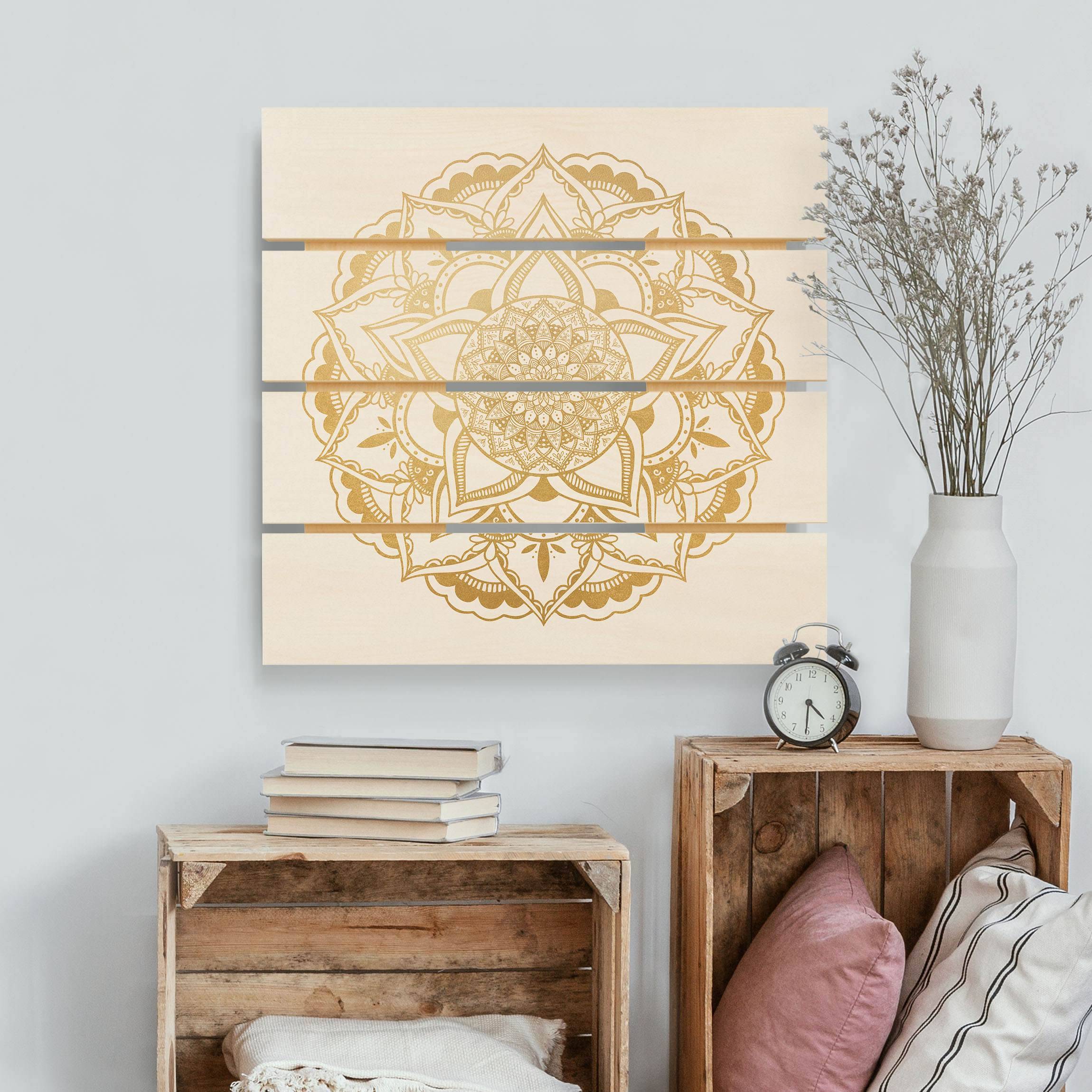 Holzbild Plankenoptik Mandala Blume gold weiß