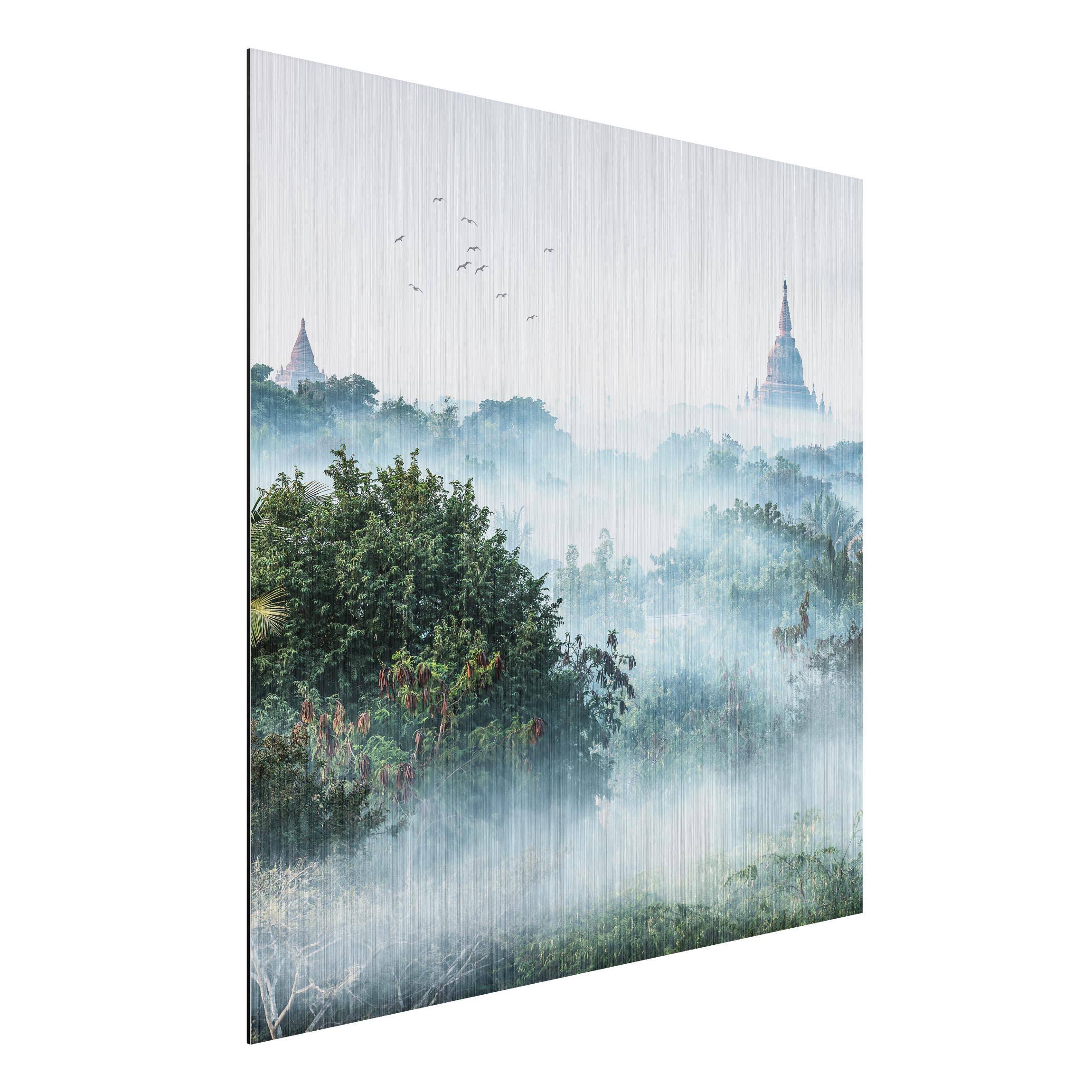 Alu-Dibond Outdoor Bild Morgennebel über dem Dschungel von Bagan