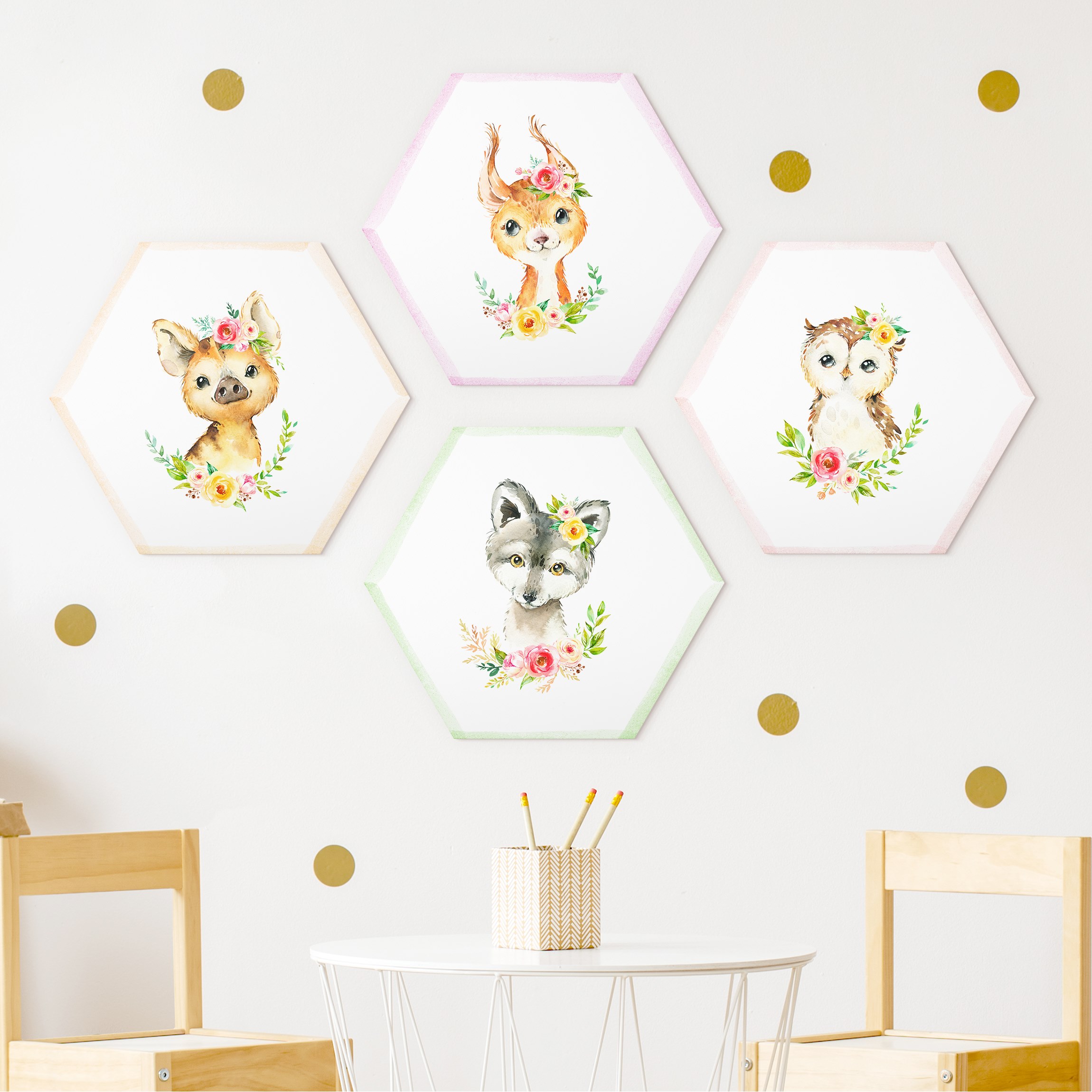 4-teiliges Hexagon-Alu-Dibond Bild Aquarell Waldtiere mit Blumen Set IV