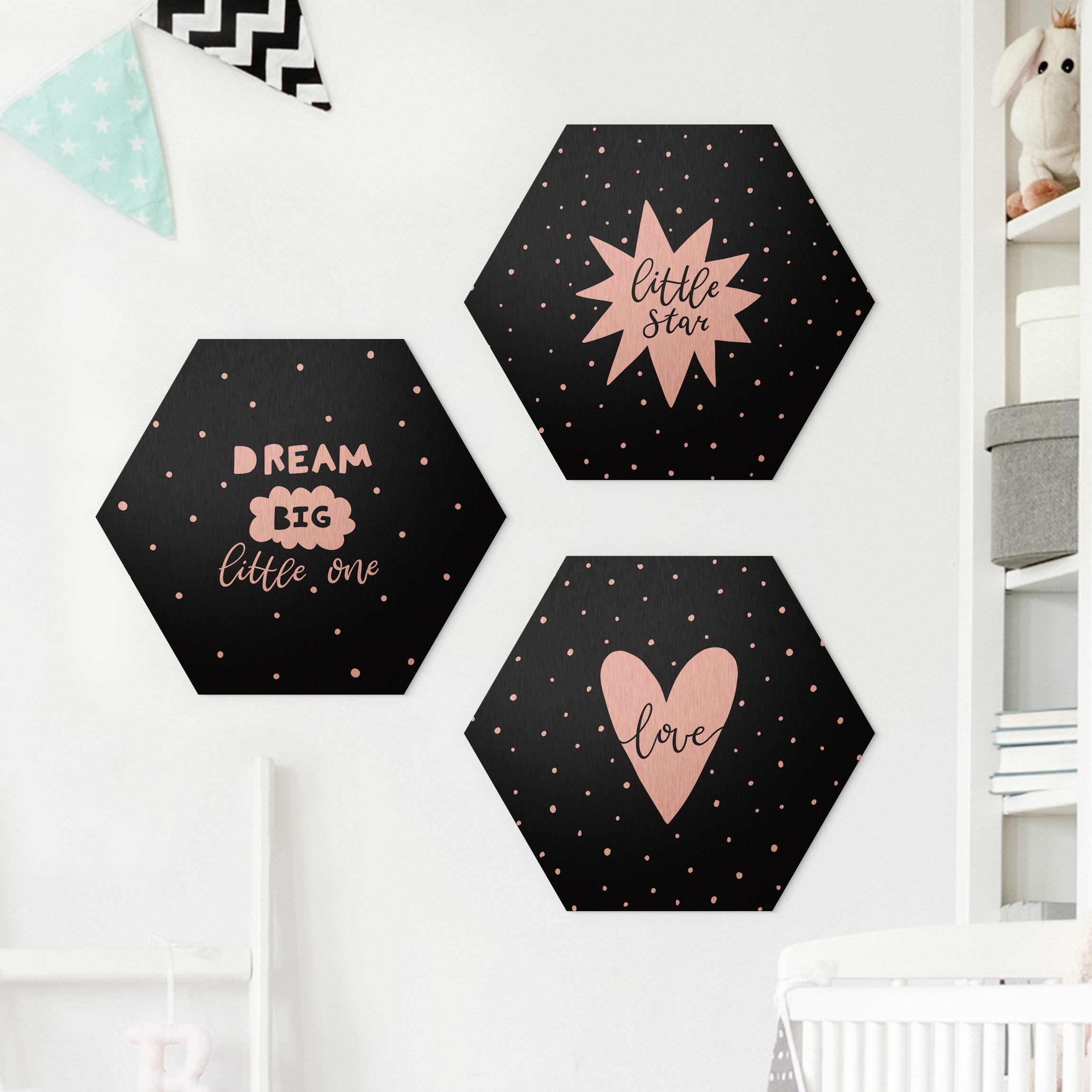 3-teiliges Hexagon-Alu-Dibond Bild Little Star Set Schwarz
