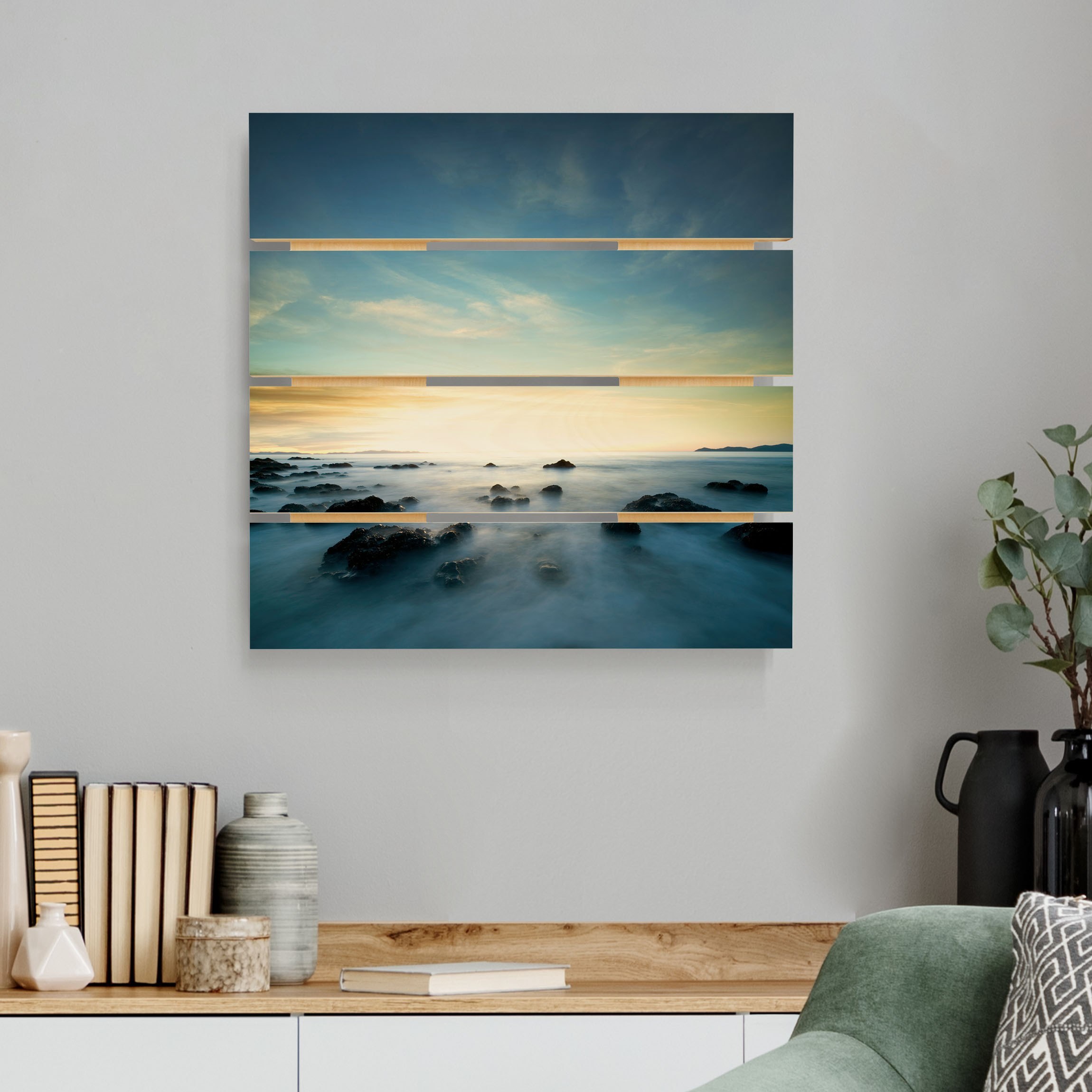 Holzbild Plankenoptik - Quadrat Sonnenuntergang über dem Ozean