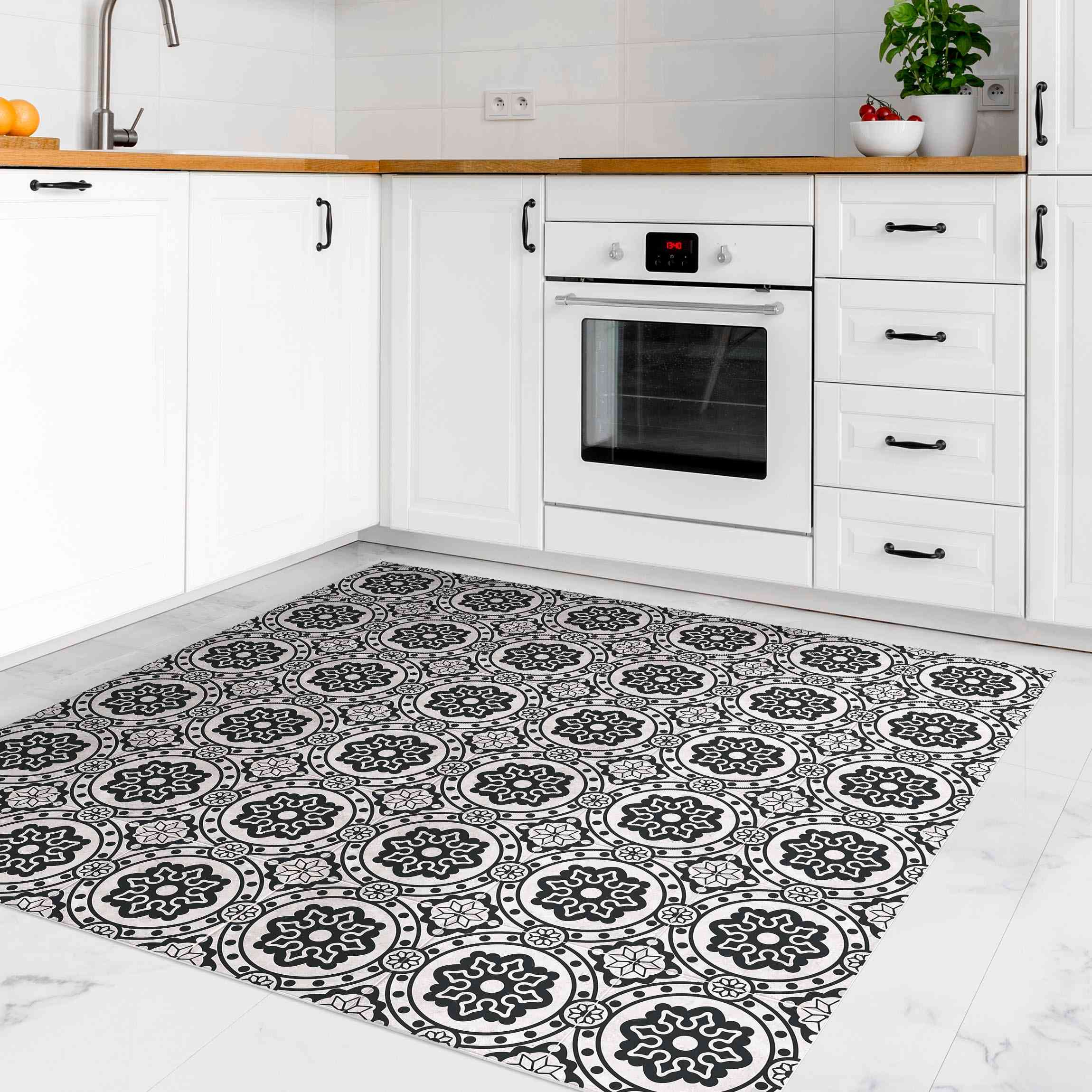 Vinylteppich Florale Fliesen schwarz-weiß