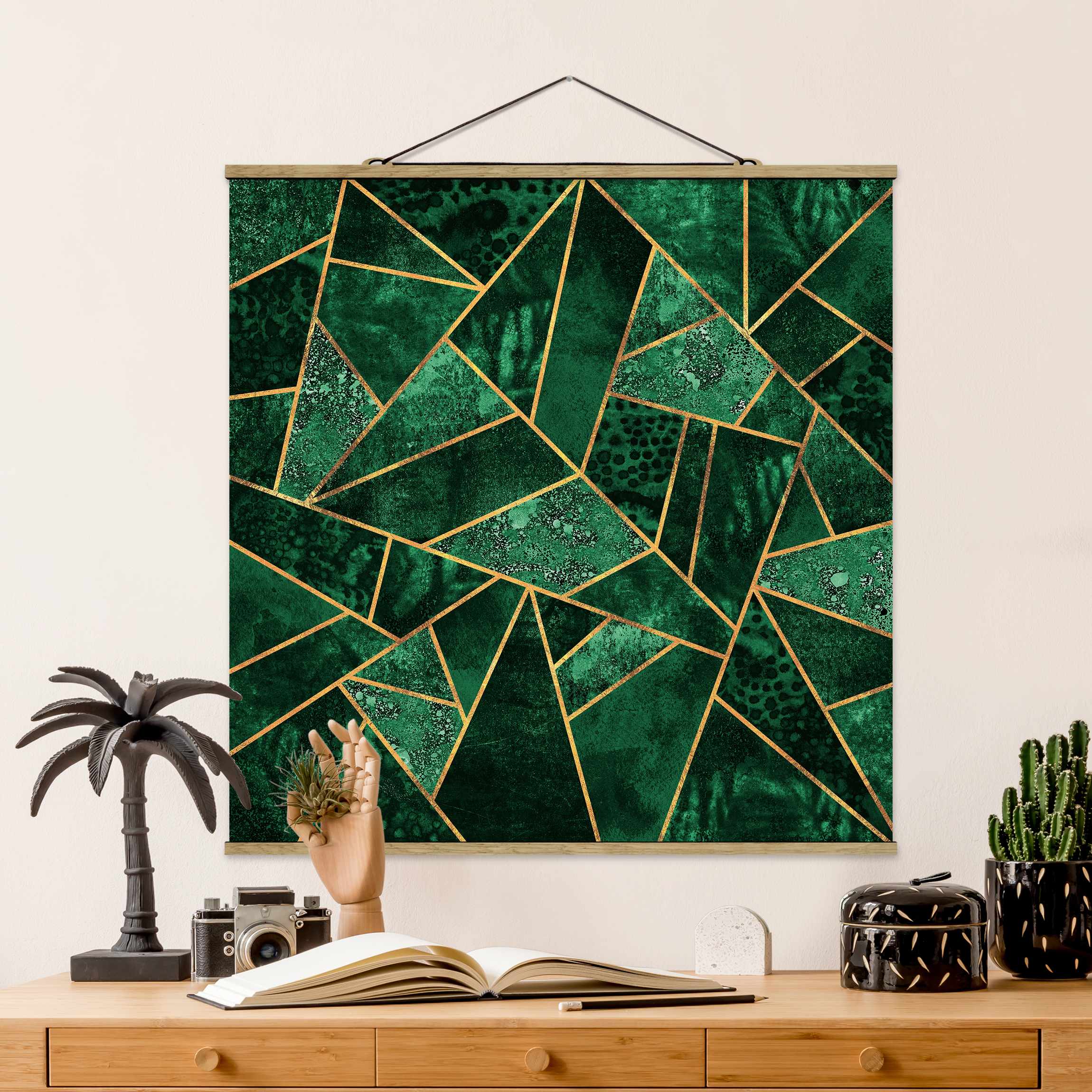 Stoffbild mit Posterleisten Dunkler Smaragd mit Gold