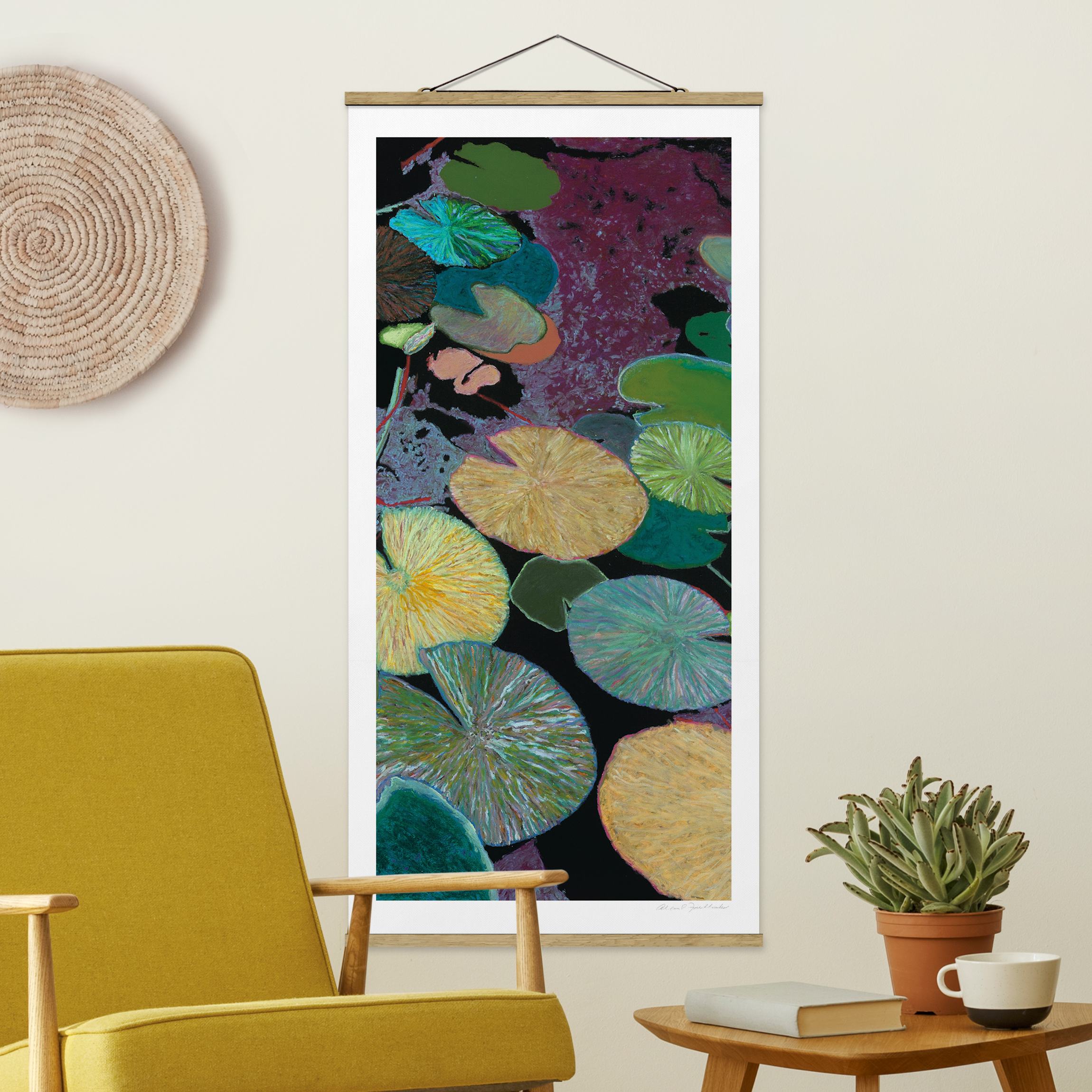 Stoffbild mit Posterleisten Seerose mit Blättern IV