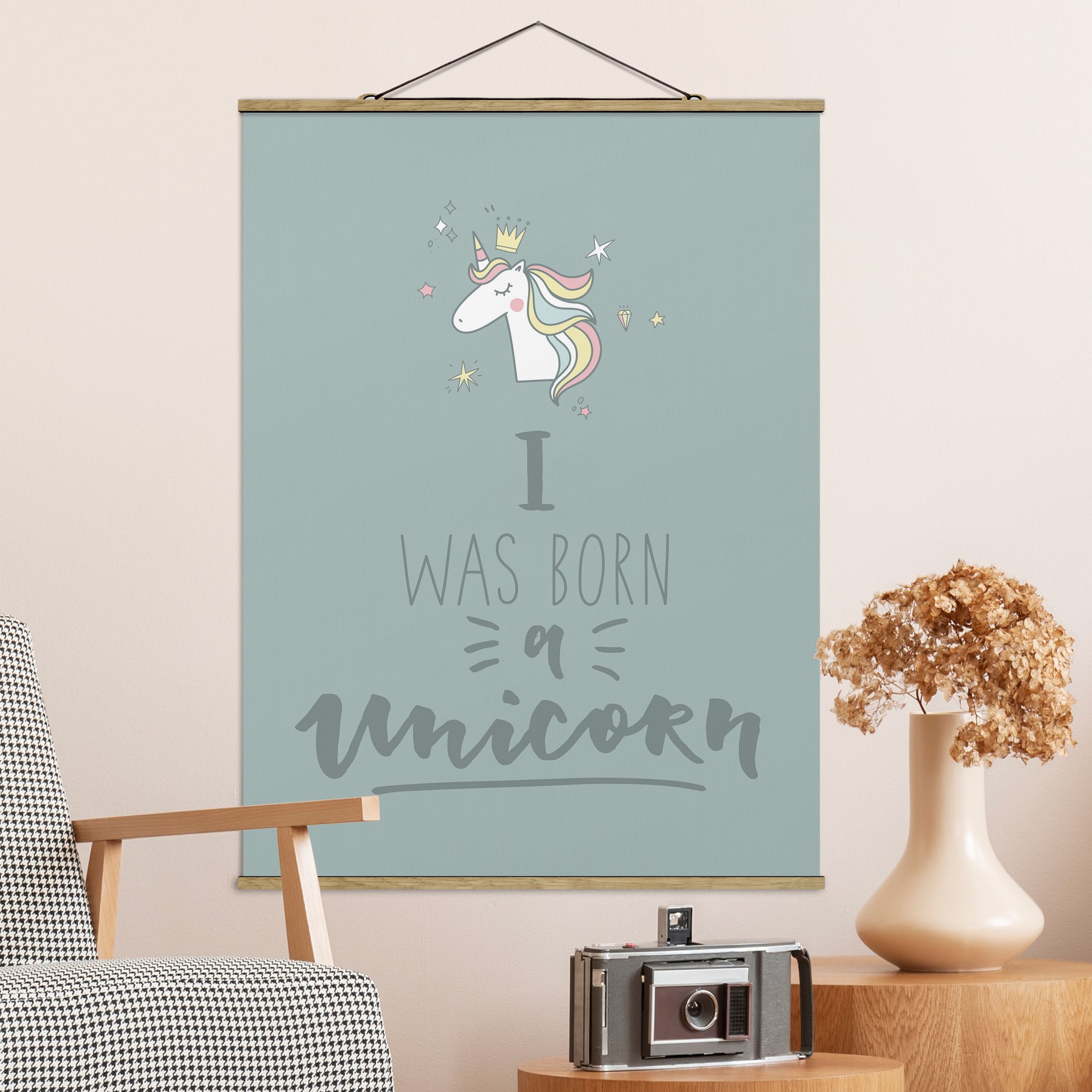 Stoffbild mit Posterleisten I was born a Unicorn