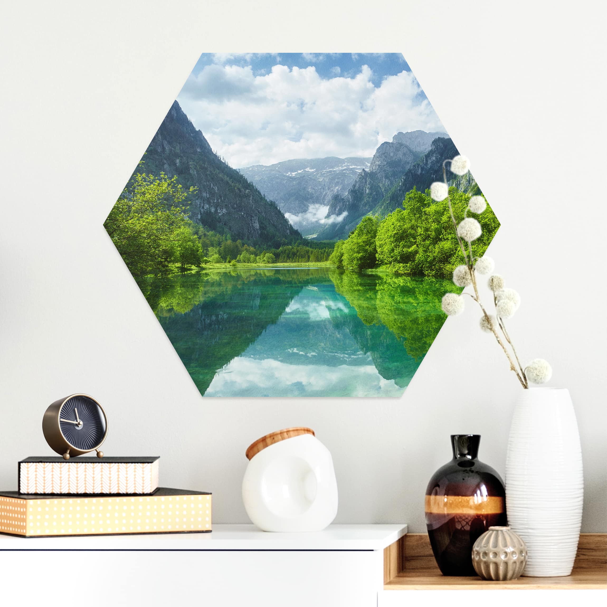 Hexagon-Alu-Dibond Bild Bergsee mit Spiegelung