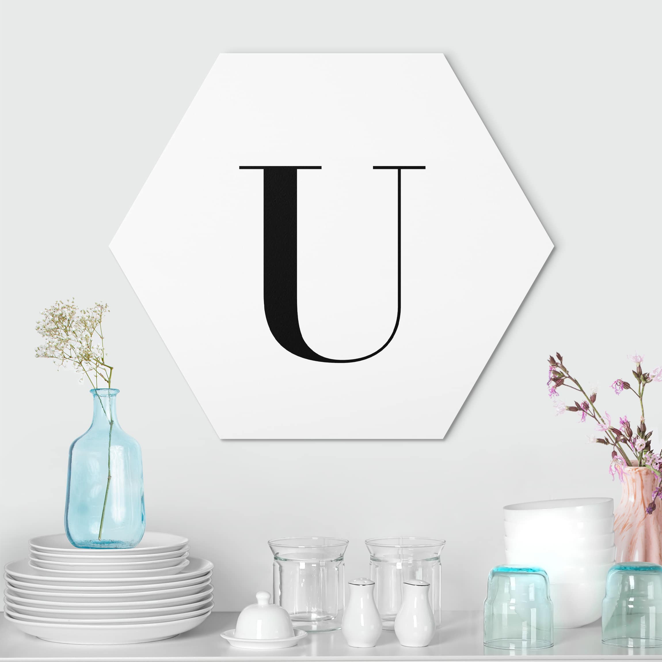 Hexagon-Alu-Dibond Bild Buchstabe Serif Weiß U