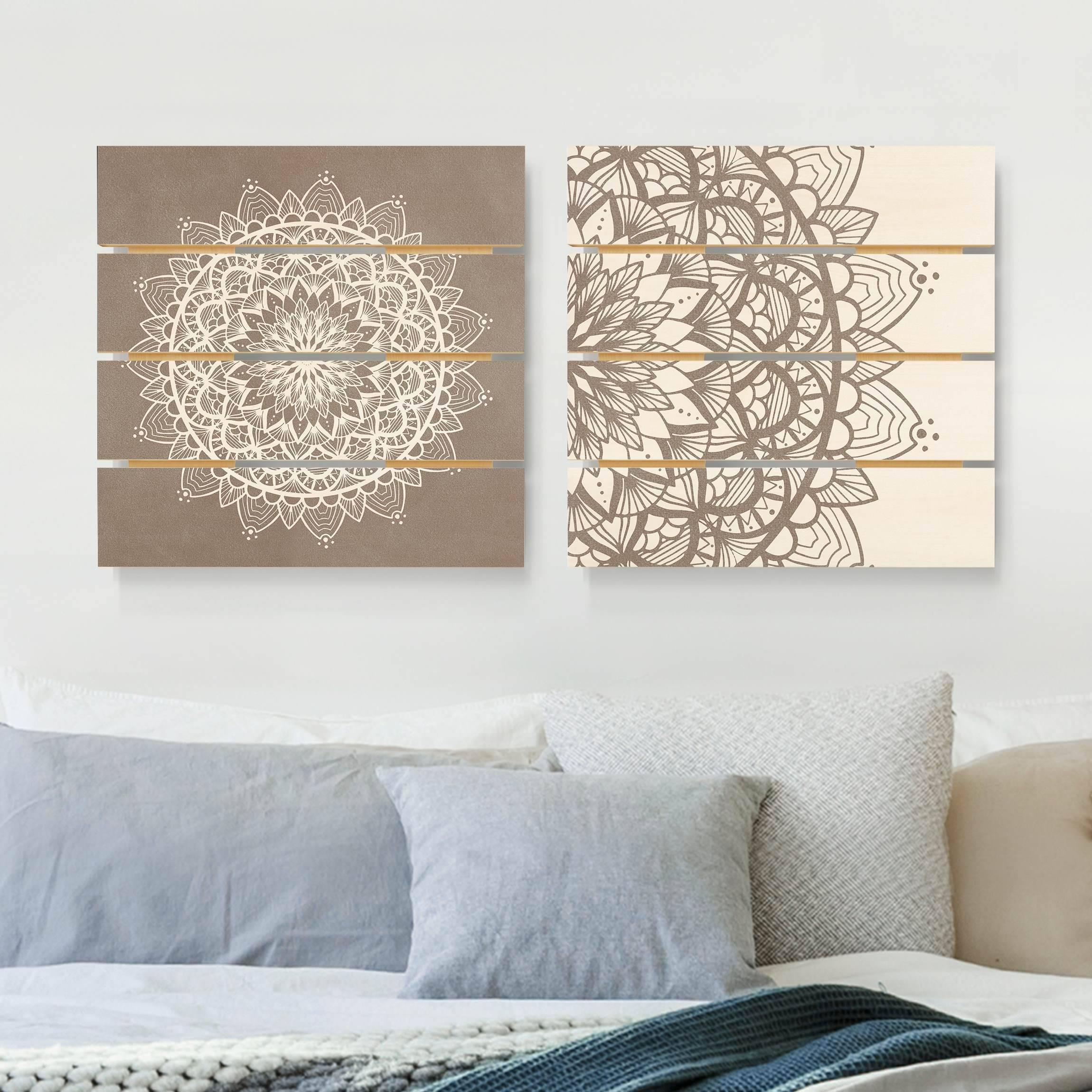 2-teiliges Holzbild Plankenoptik - Quadrat Mandala Illustration shabby Set beige weiß