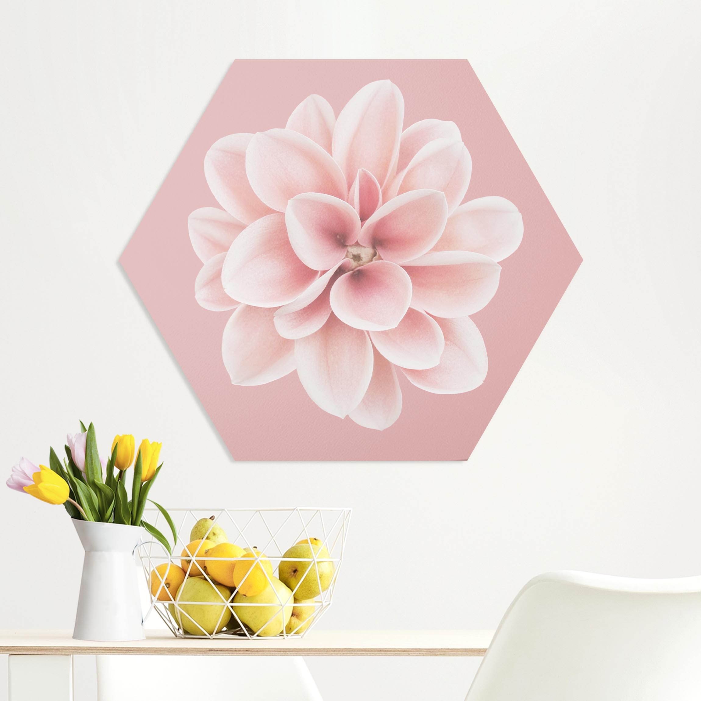 Hexagon-Forexbild Dahlie Rosa Blush Blume Zentriert