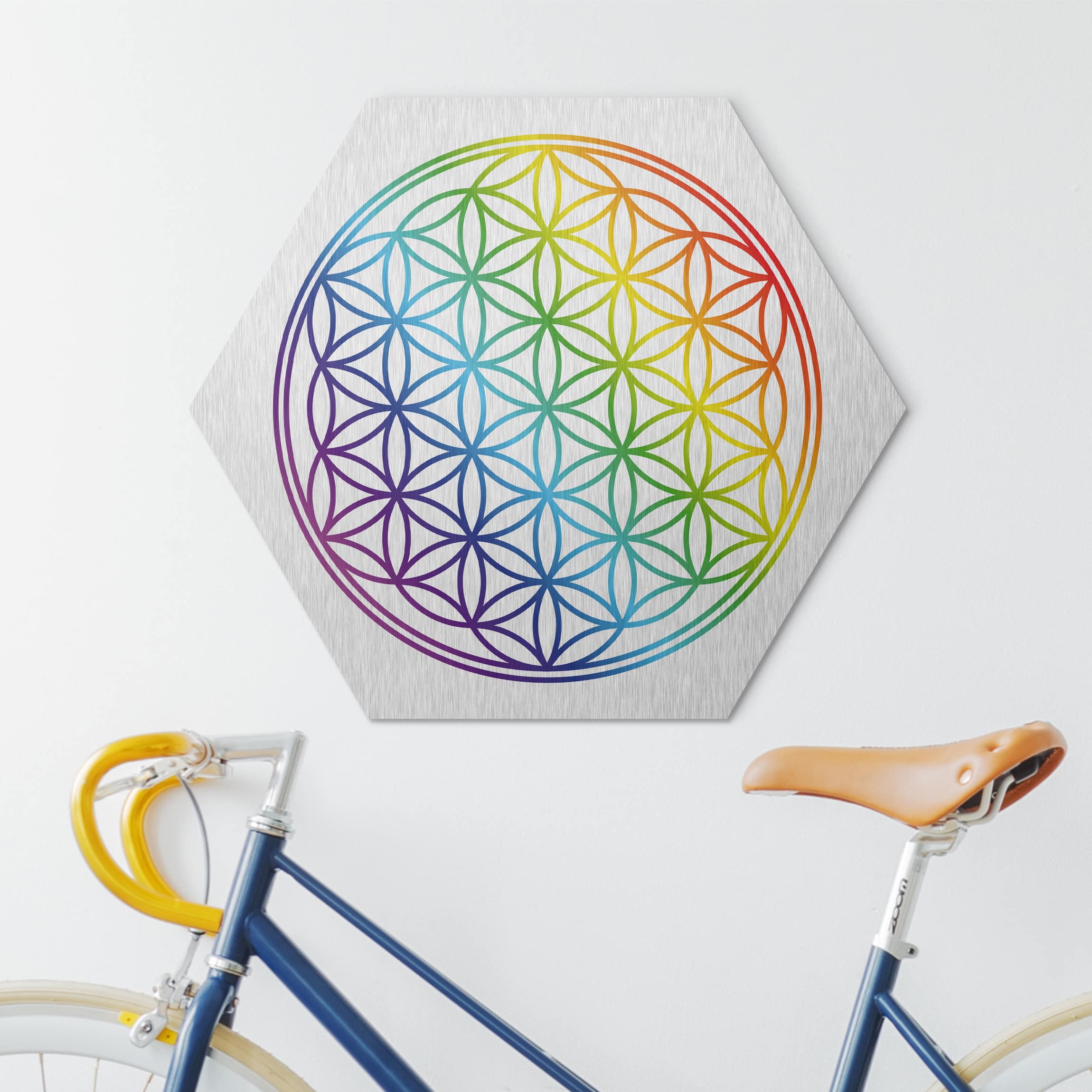 Hexagon-Alu-Dibond Bild Blume des Lebens Regenbogenfarbe
