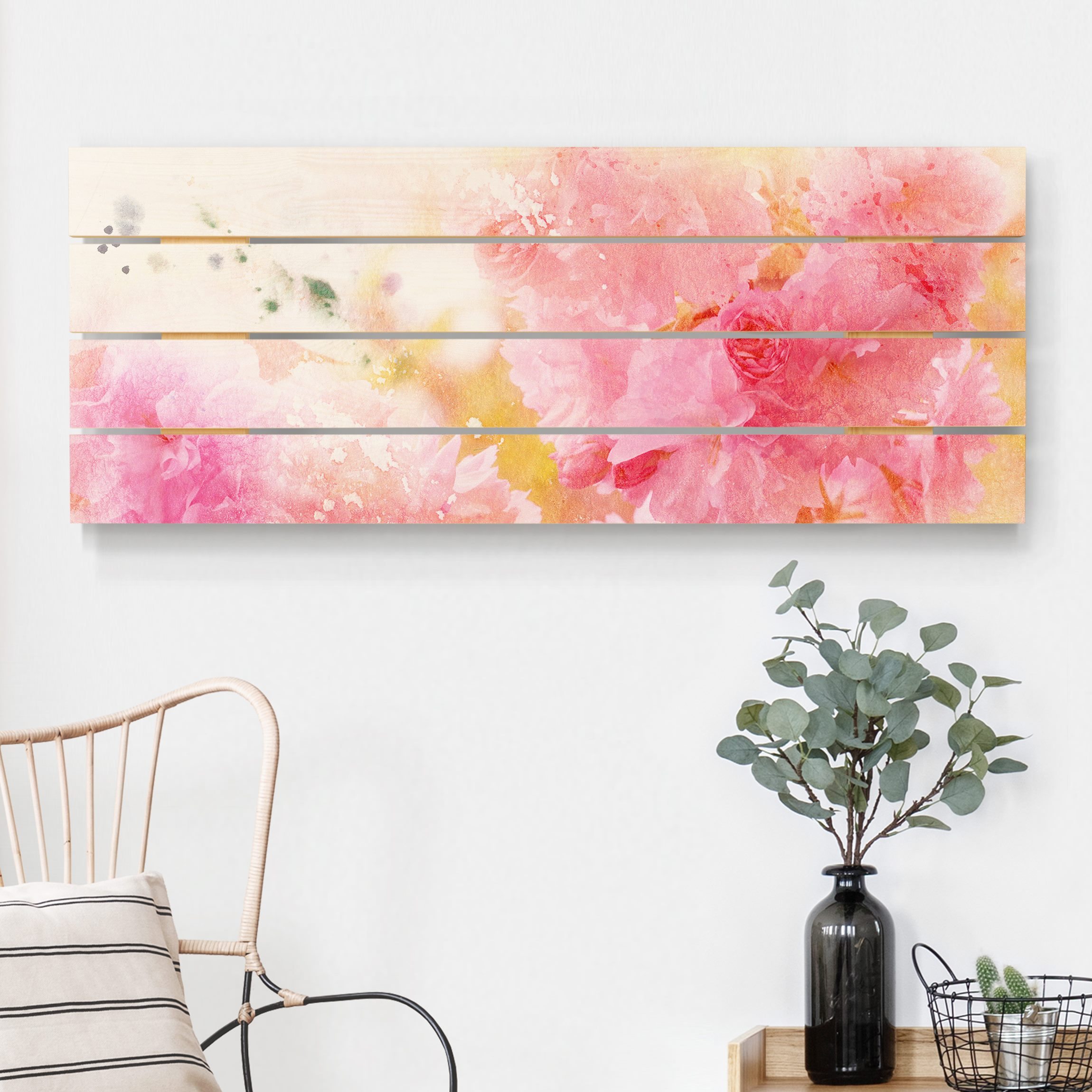 Holzbild Plankenoptik - Panorama Aquarell Blumen Pfingstrosen