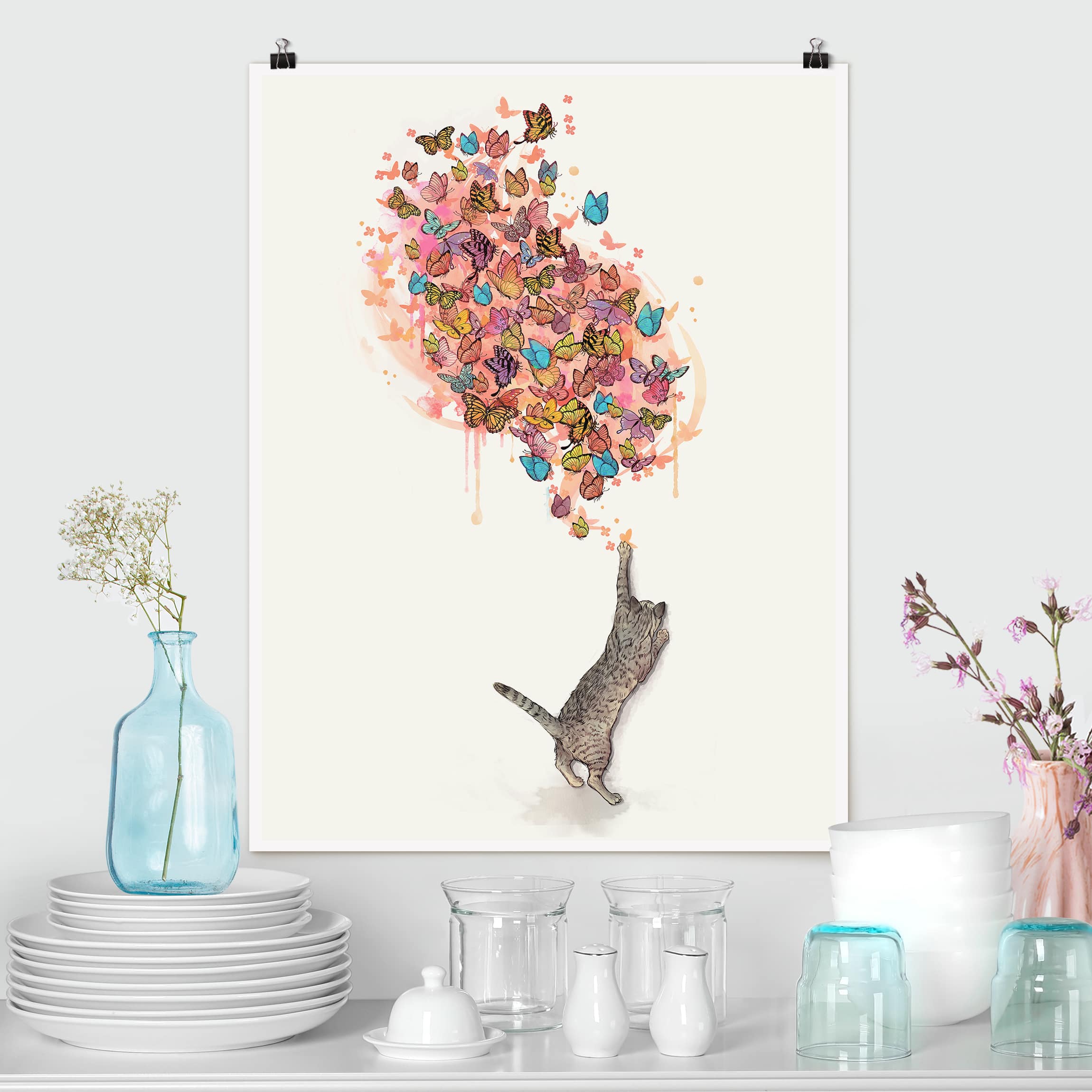 Poster - Hochformat Illustration Katze mit bunten Schmetterlingen Malerei