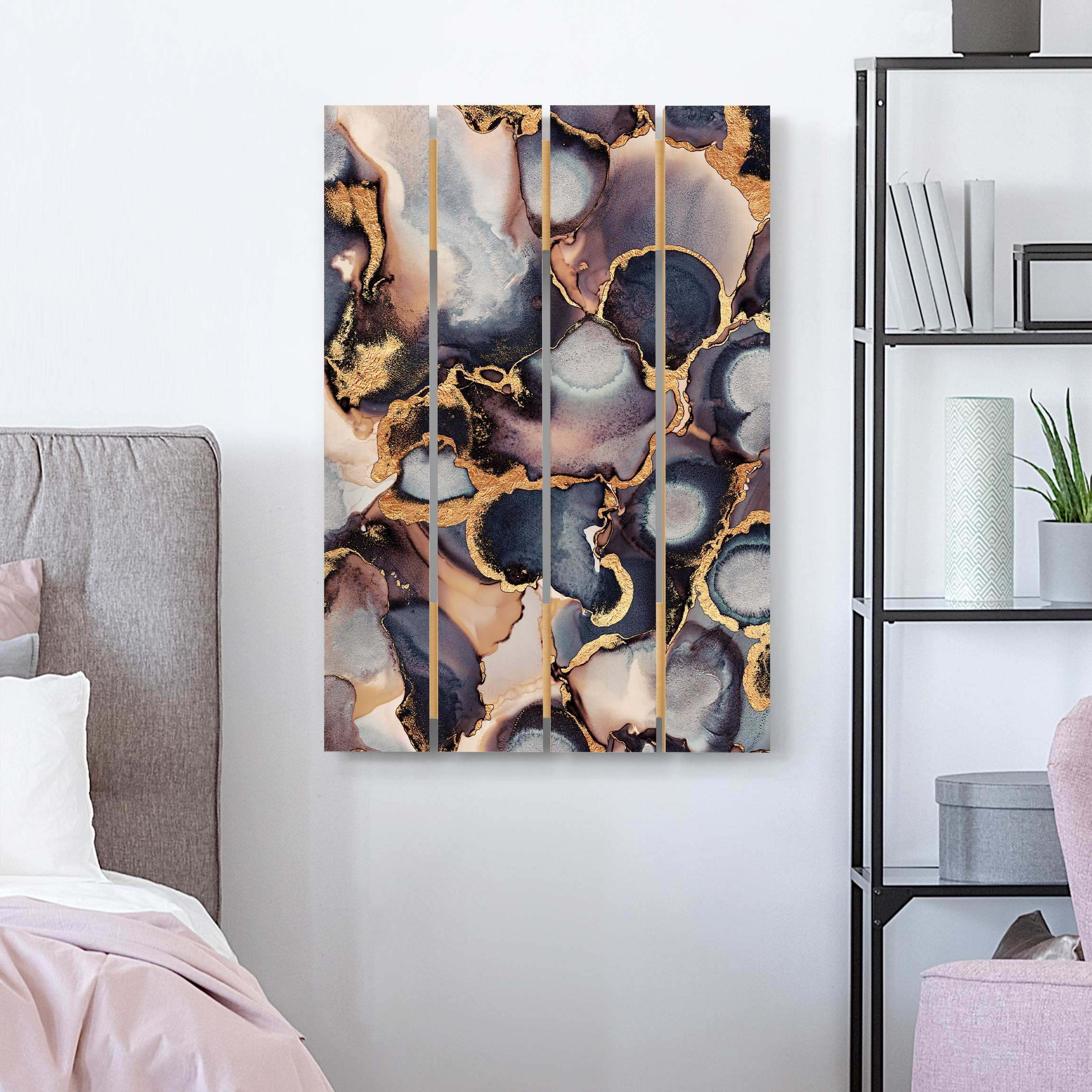 Holzbild Plankenoptik Marmor Aquarell mit Gold