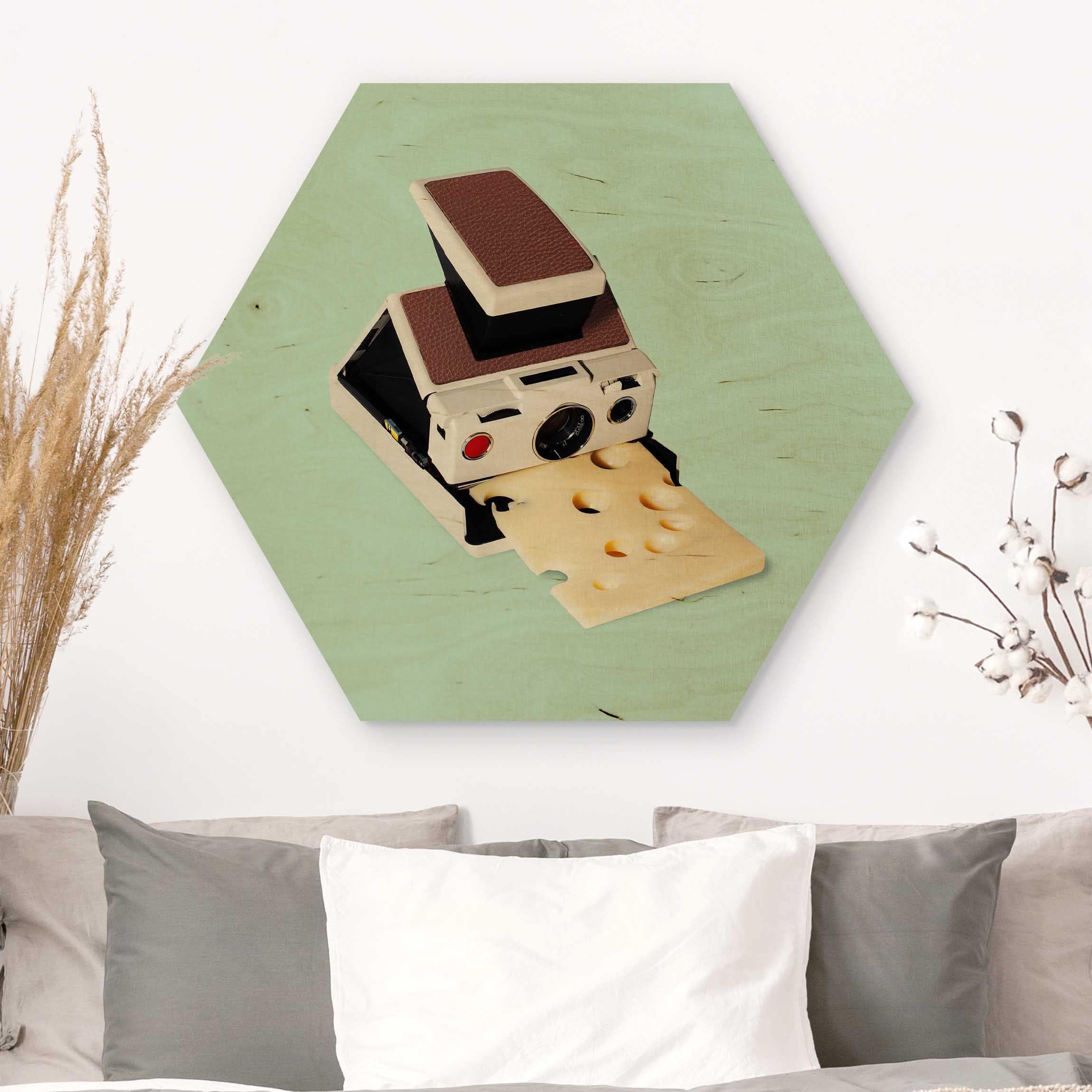 Hexagon-Holzbild Kamera mit Käse