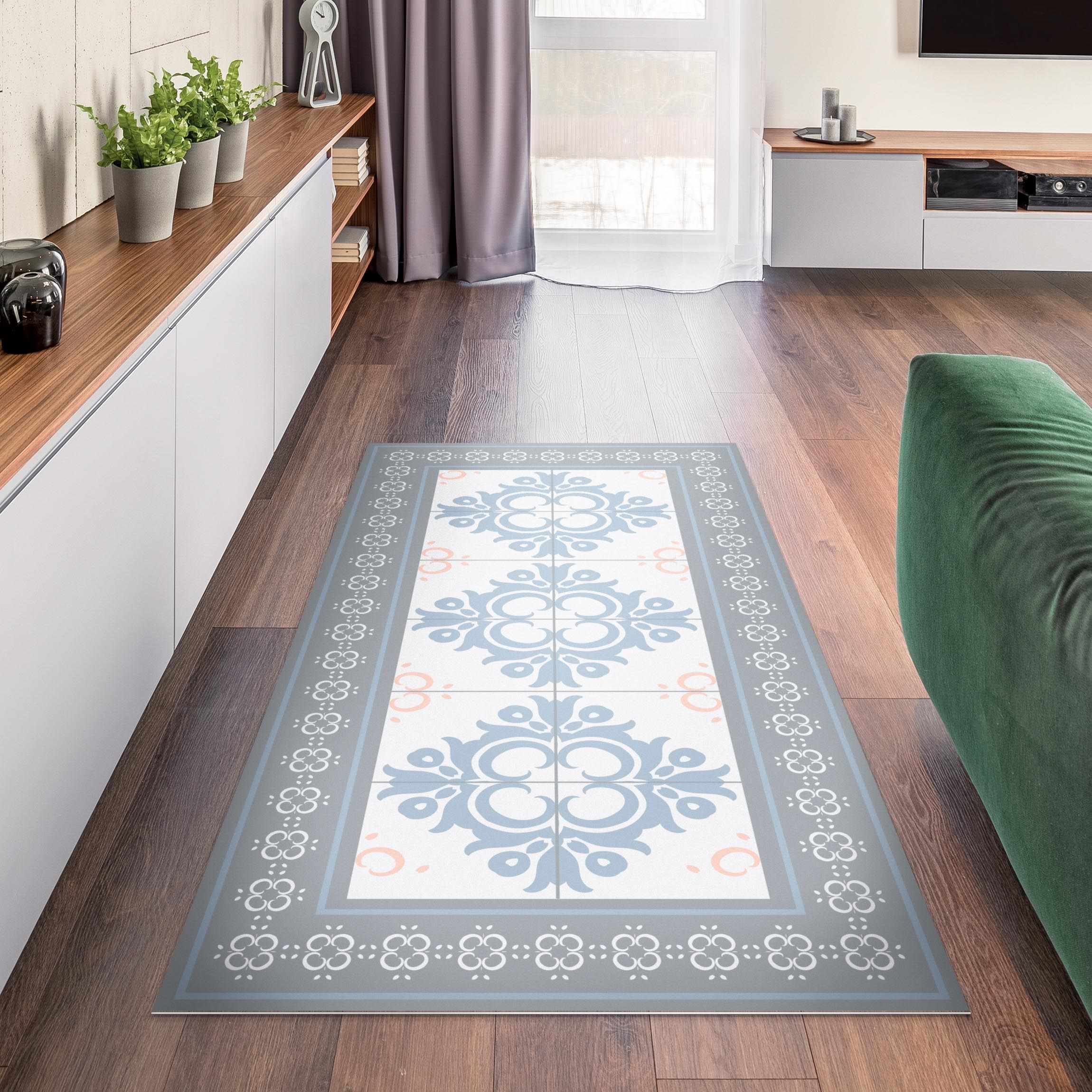Vinylteppich Florale Fliesen Orange Blaue Knospen mit Bordüre