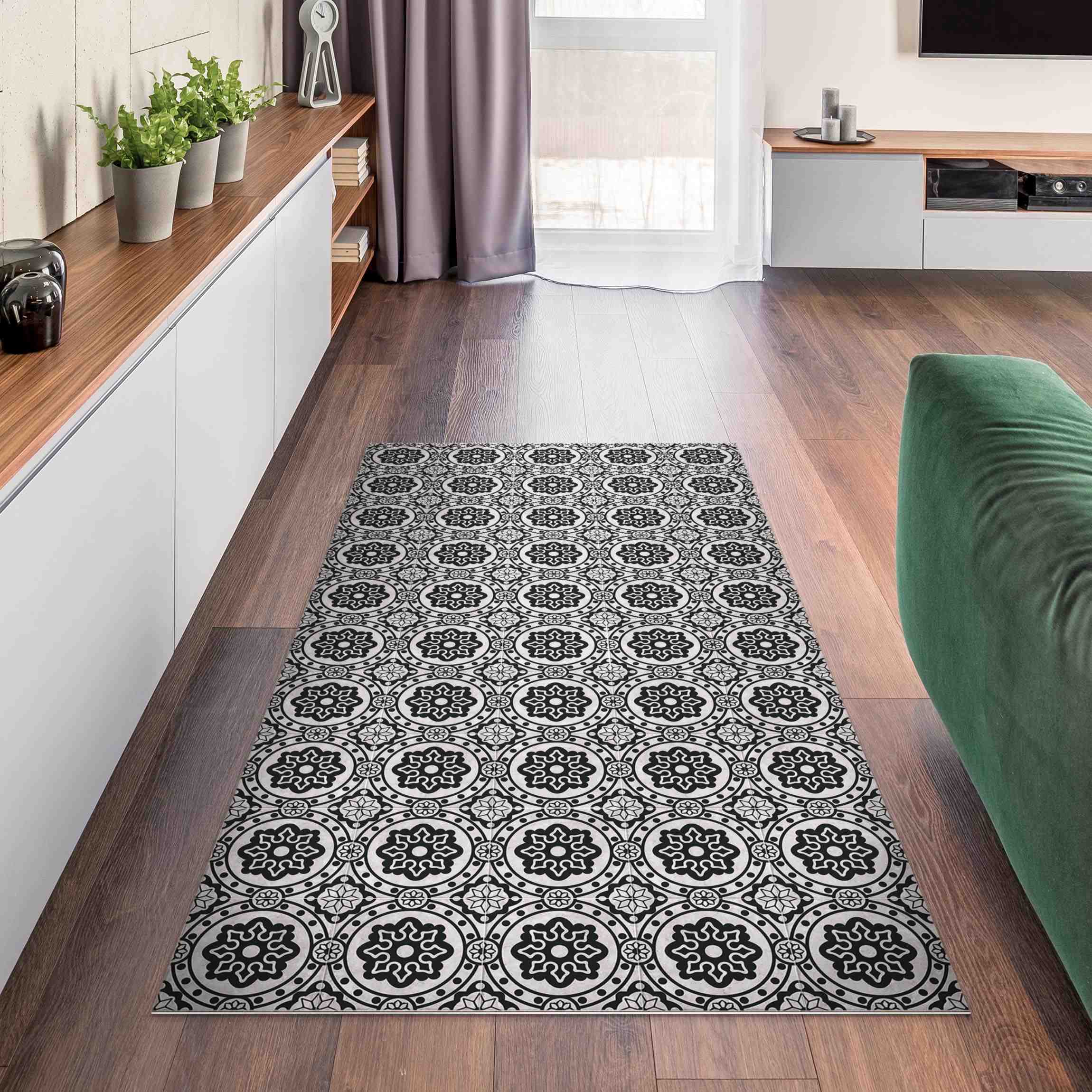 Vinylteppich Florale Fliesen schwarz-weiß