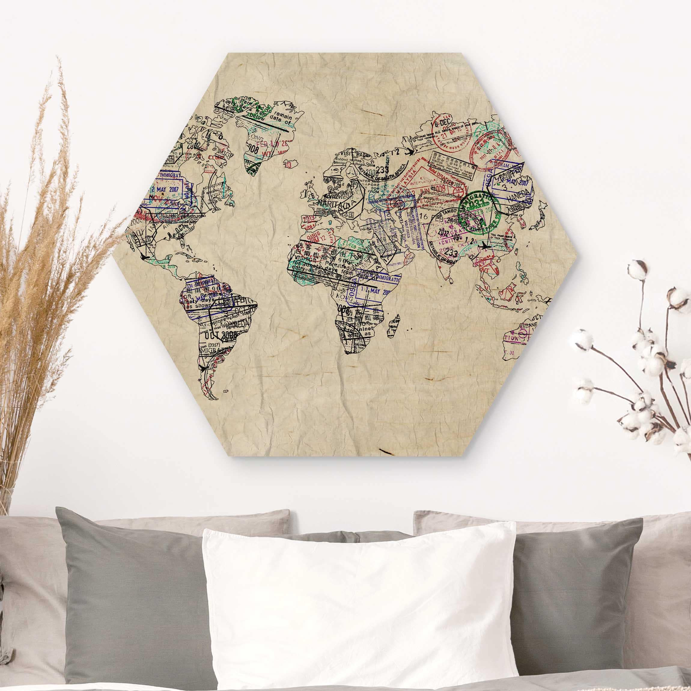 Hexagon-Holzbild Reisepass Stempel Weltkarte
