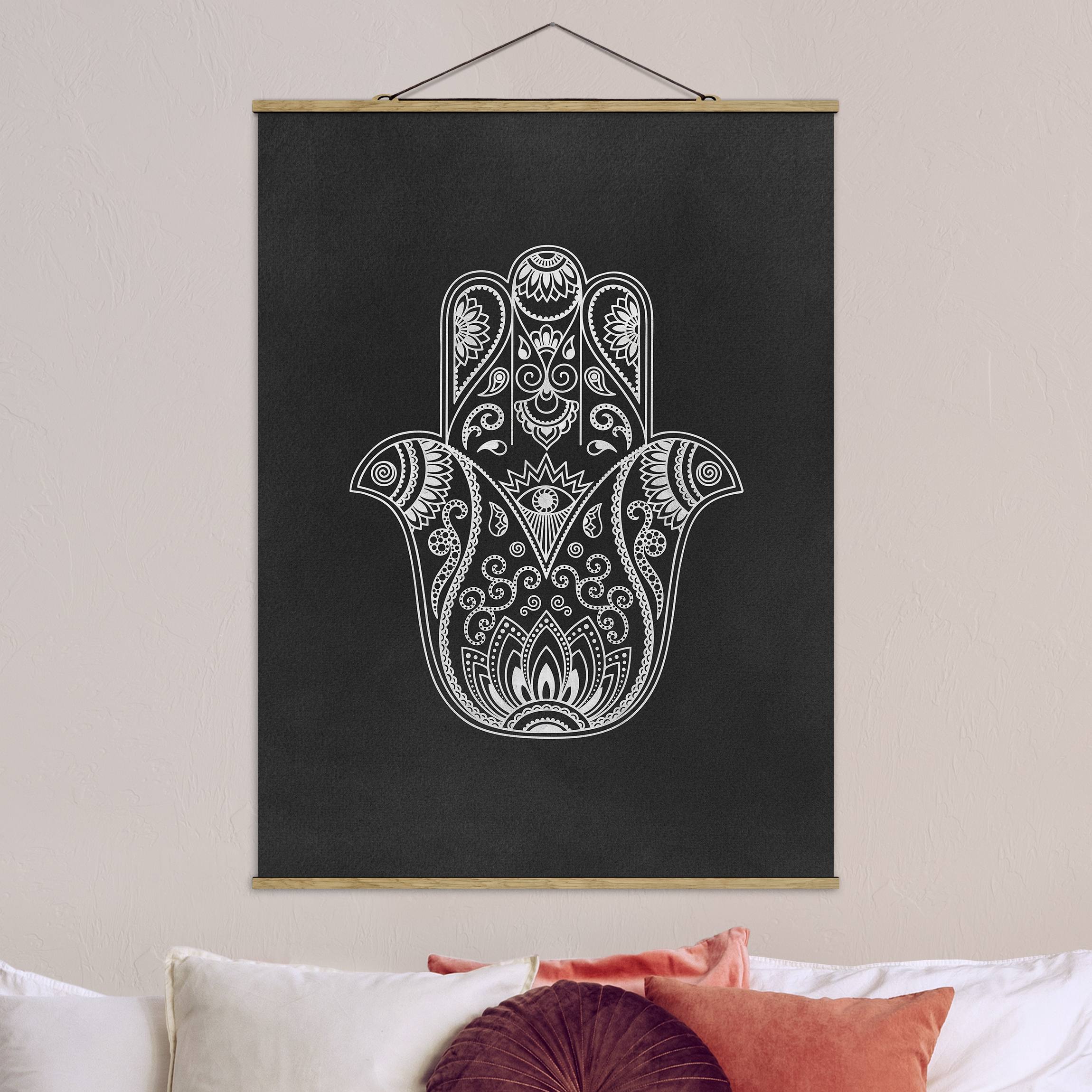 Stoffbild mit Posterleisten Hamsa Hand Illustration weiß schwarz