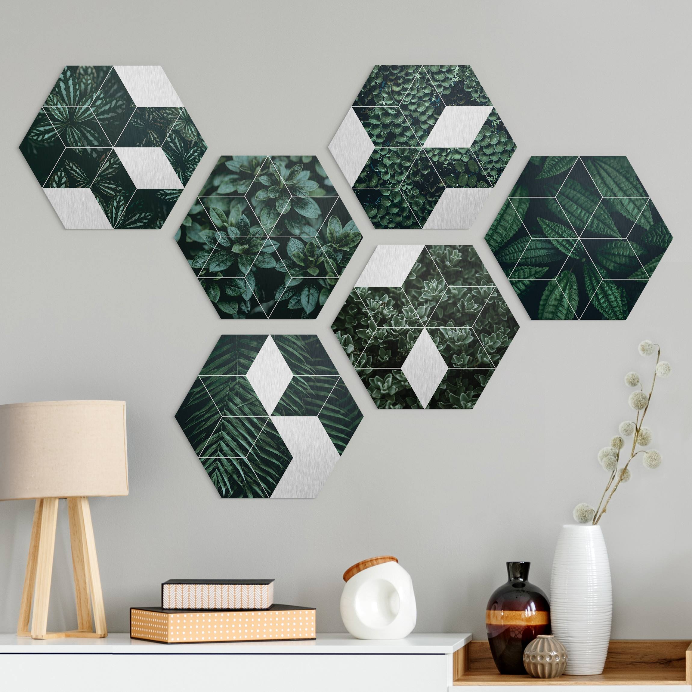 6-teiliges Hexagon-Alu-Dibond Bild Grüne Blätter Geometrie Set II