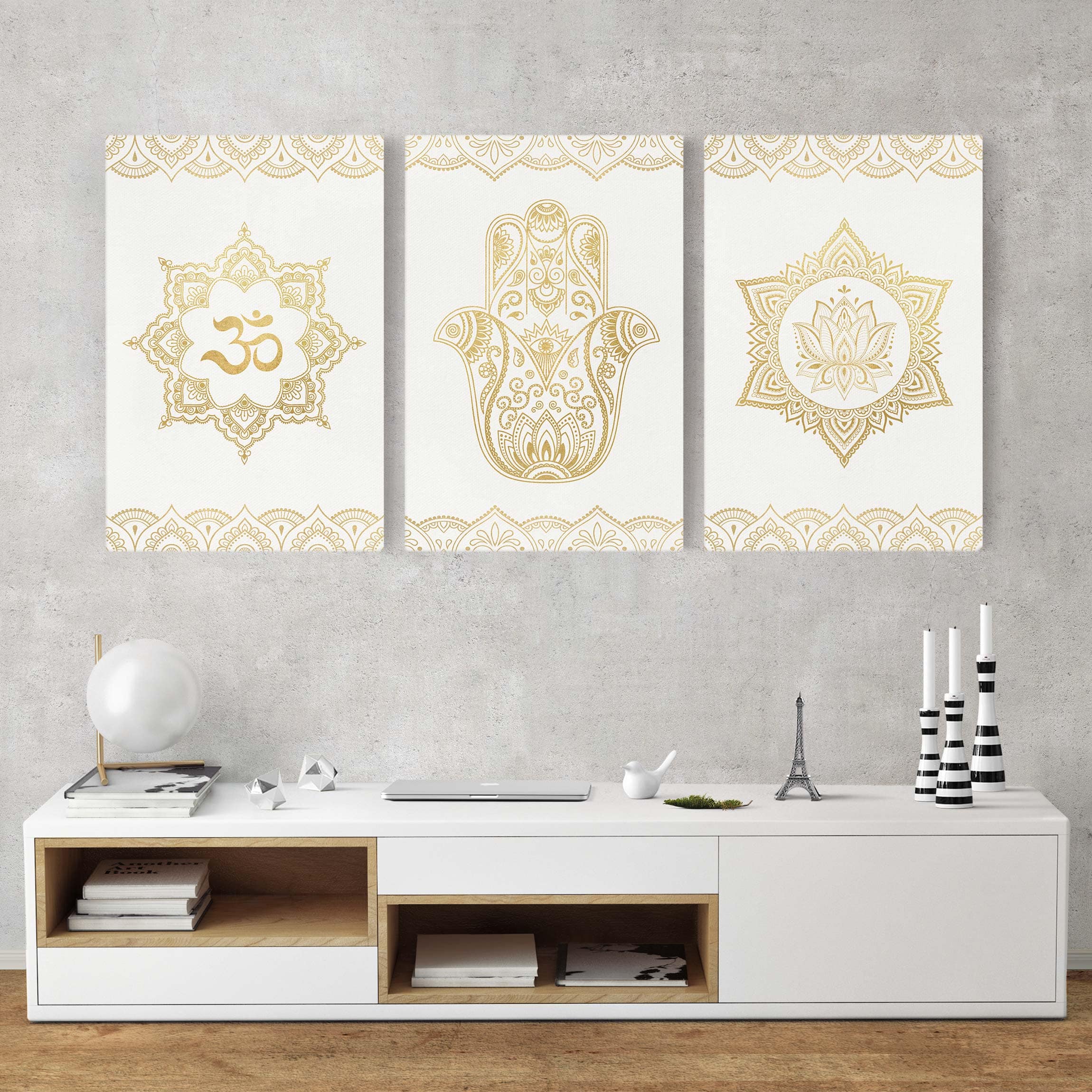 Leinwandbild Hamsa Hand Lotus OM Illustration Set gold