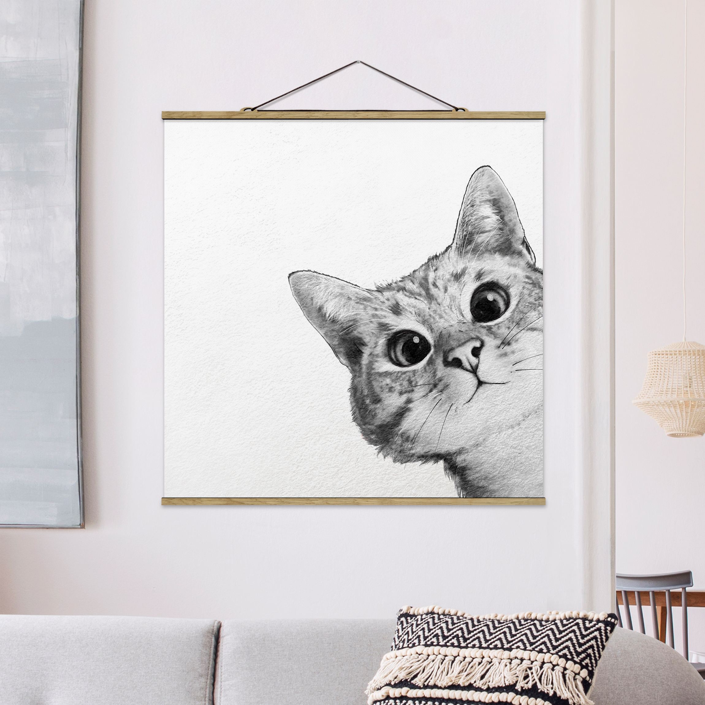 Stoffbild mit Posterleisten Illustration Katze Zeichnung Schwarz Weiß