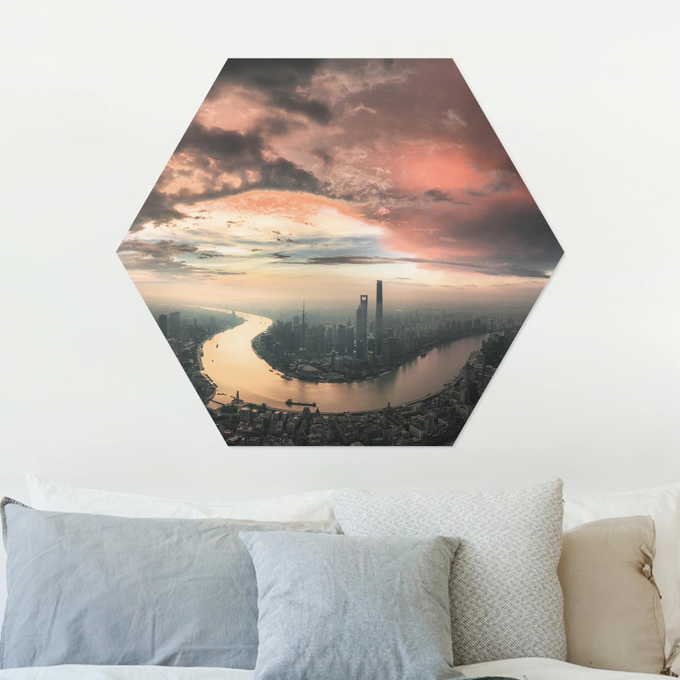 Hexagon-Alu-Dibond Bild Shanghai am Morgen