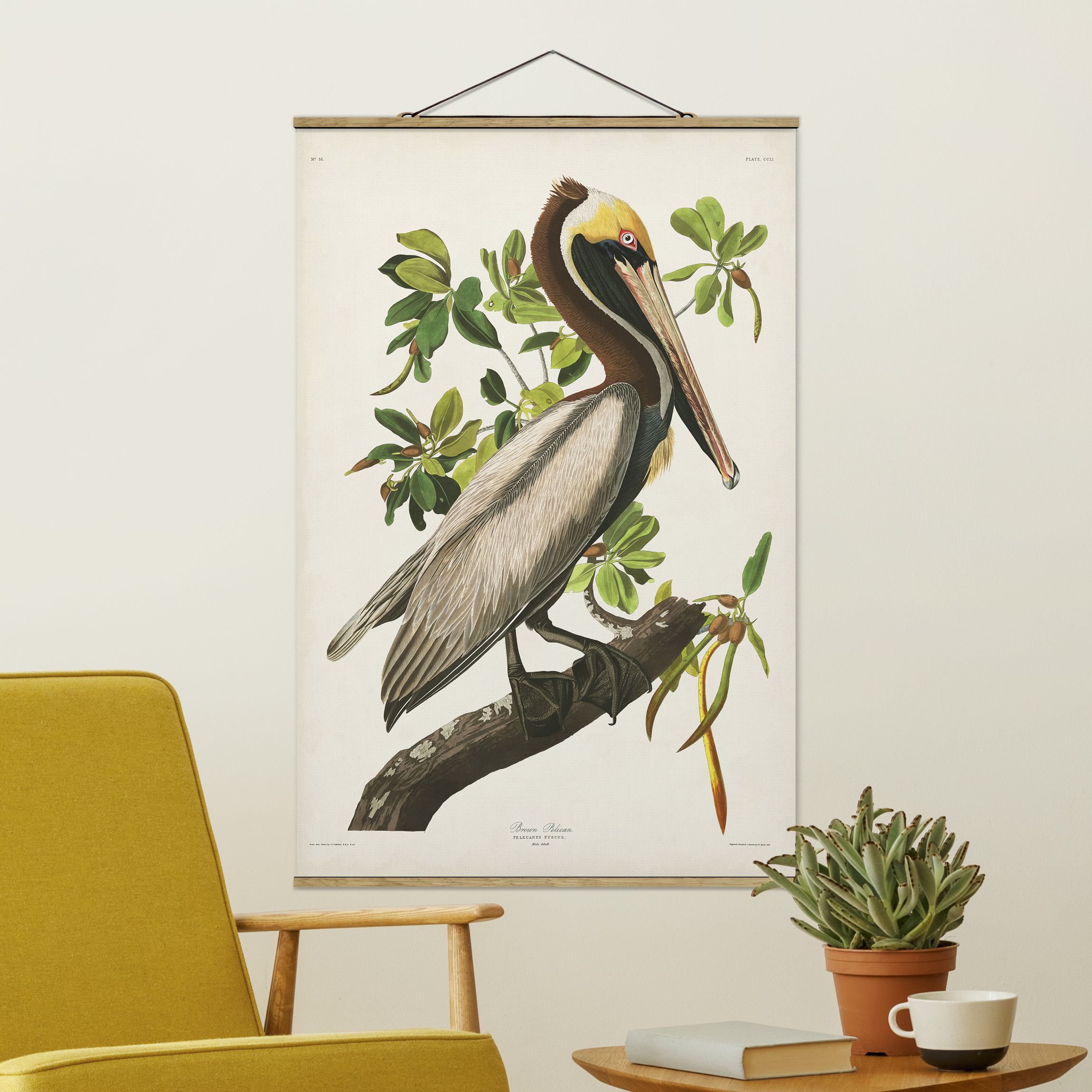 Stoffbild mit Posterleisten Vintage Lehrtafel Brauner Pelikan