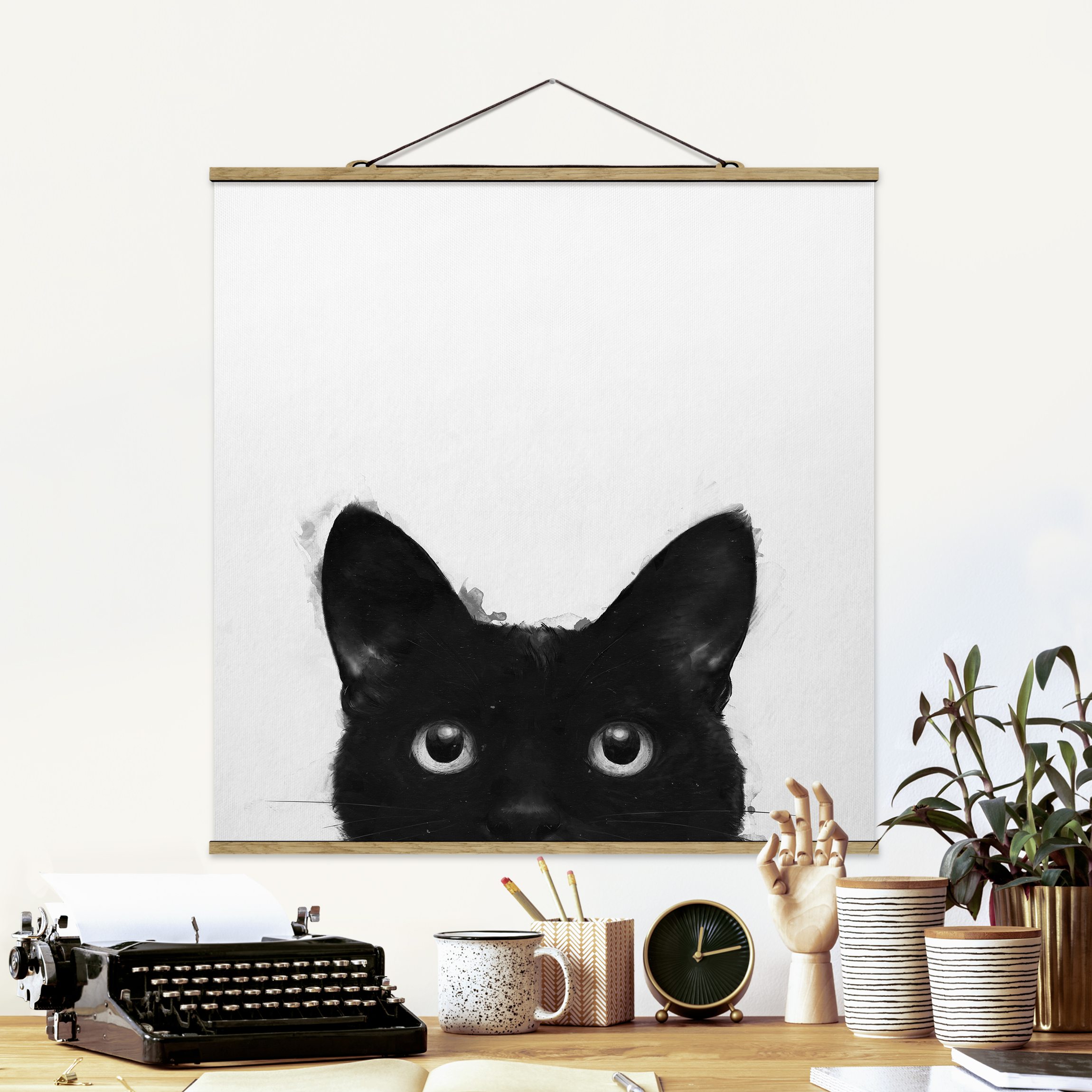 Stoffbild - Quadrat Illustration Schwarze Katze auf Weiß Malerei