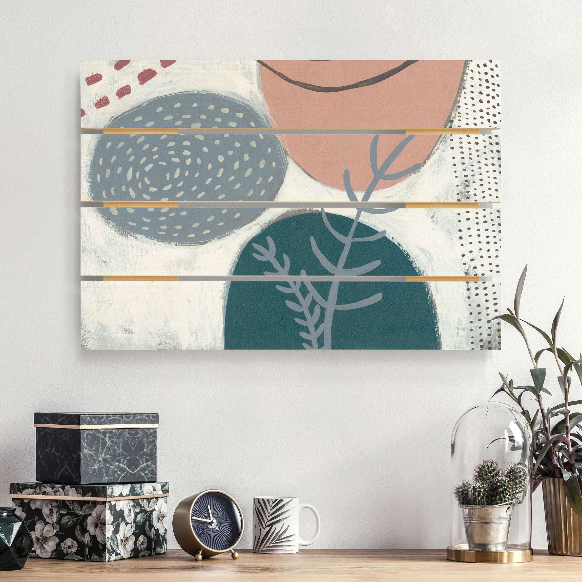 Holzbild Plankenoptik - Querformat Karneval der Formen in Petrol II