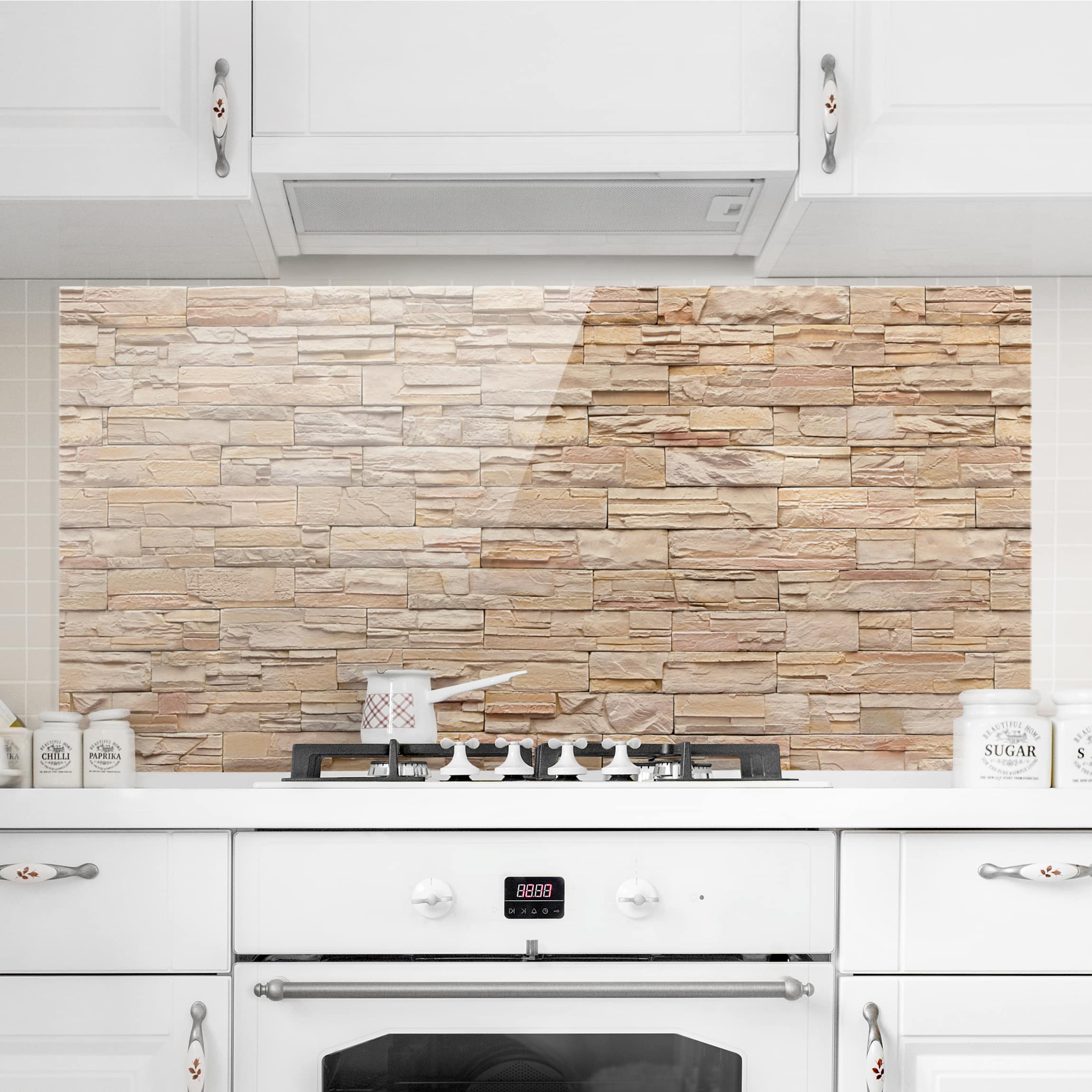 Glas Spritzschutz Asian Stonewall - Große helle Steinmauer aus wohnlichen Steinen