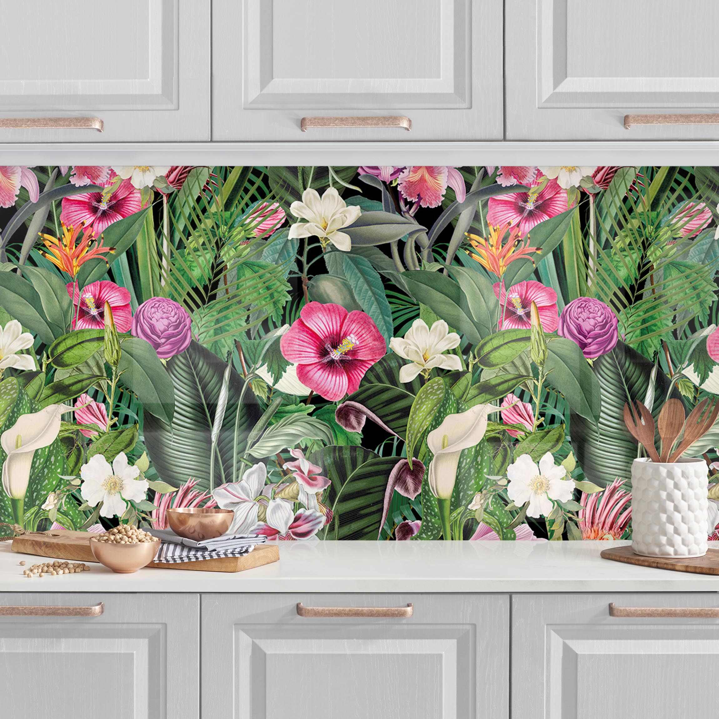 Küchenrückwand Bunte tropische Blumen Collage