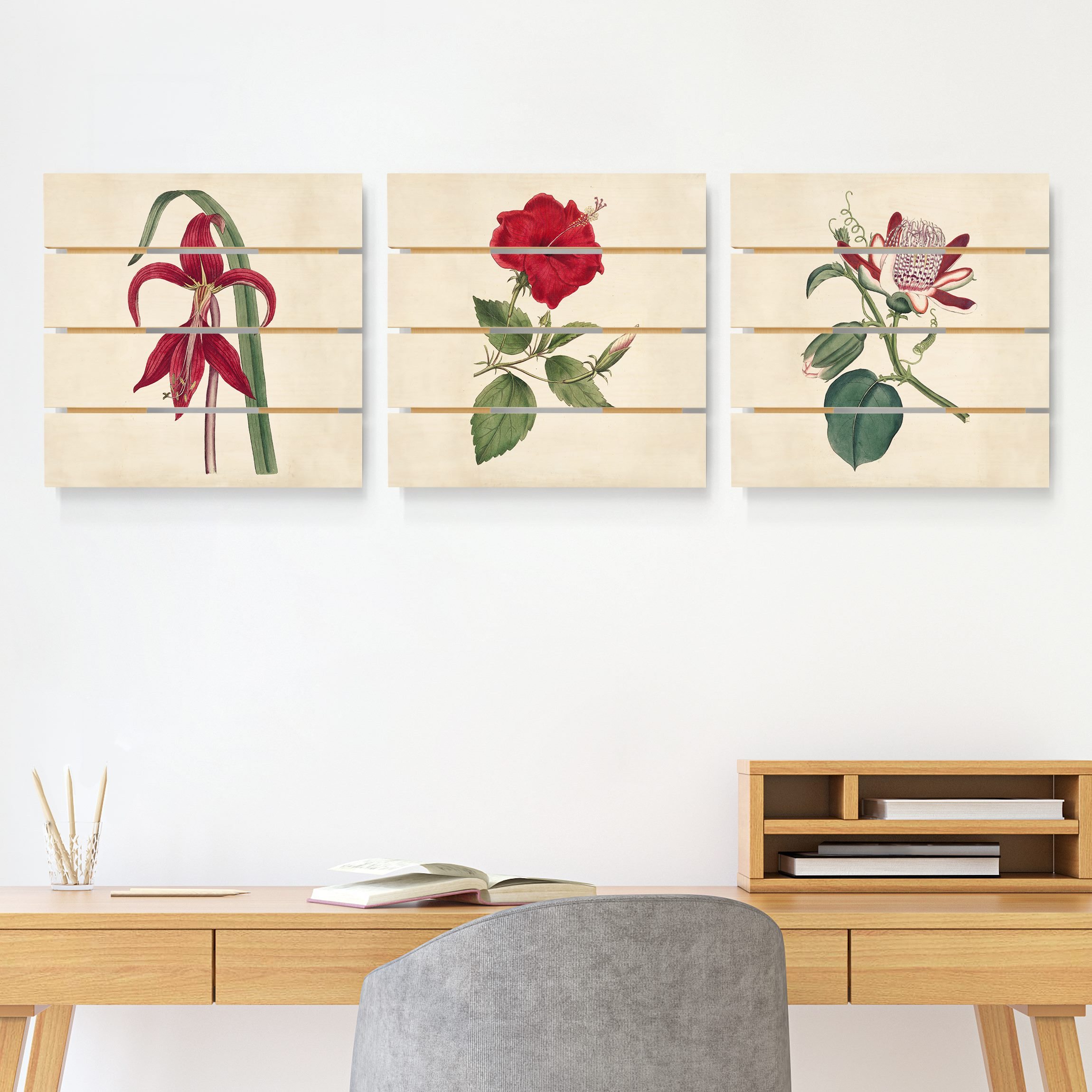 3-teiliges Holzbild Plankenoptik - Quadrat Gartenschönheit Set I