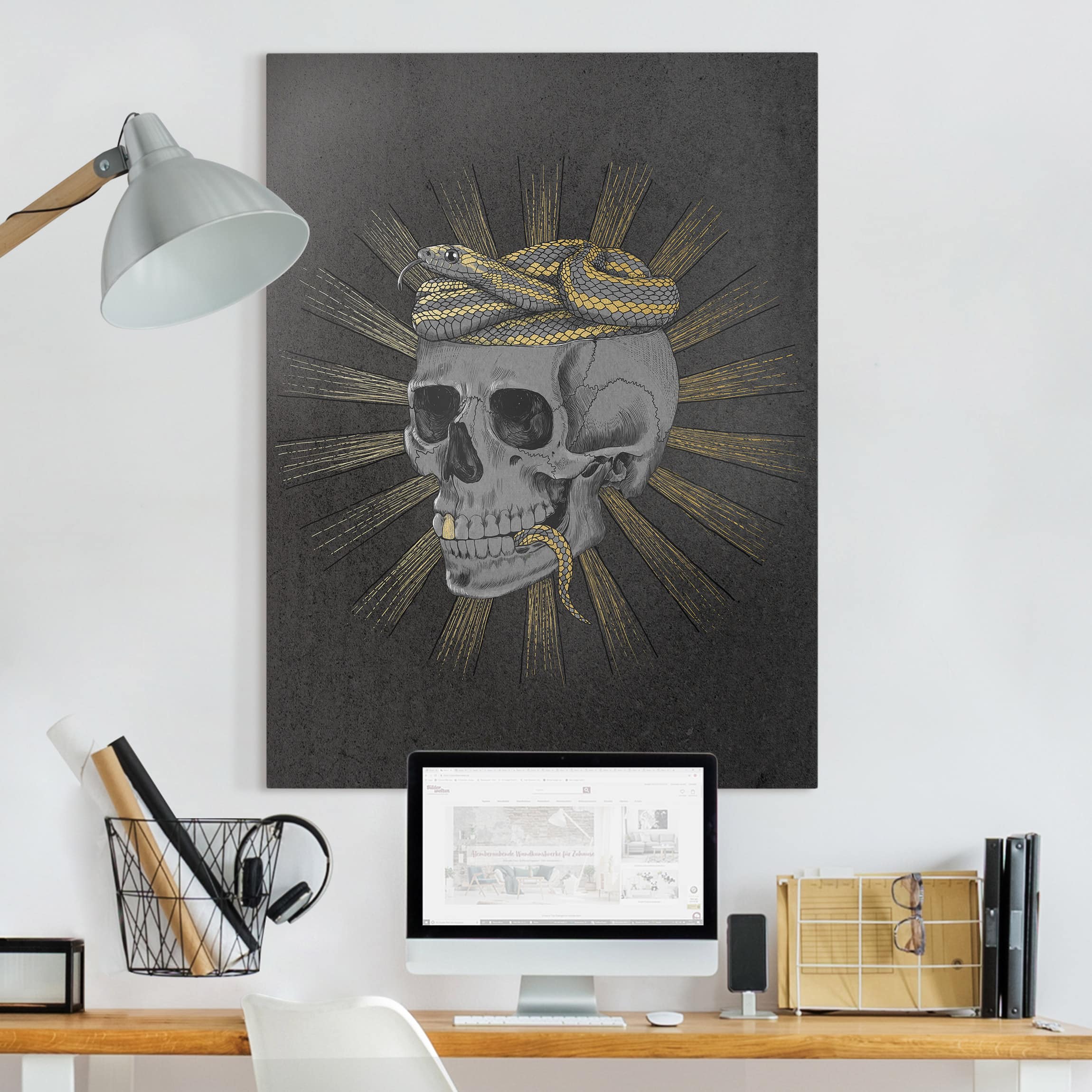Leinwandbild - Hochformat Illustration Totenkopf und Schlange Schwarz Gold