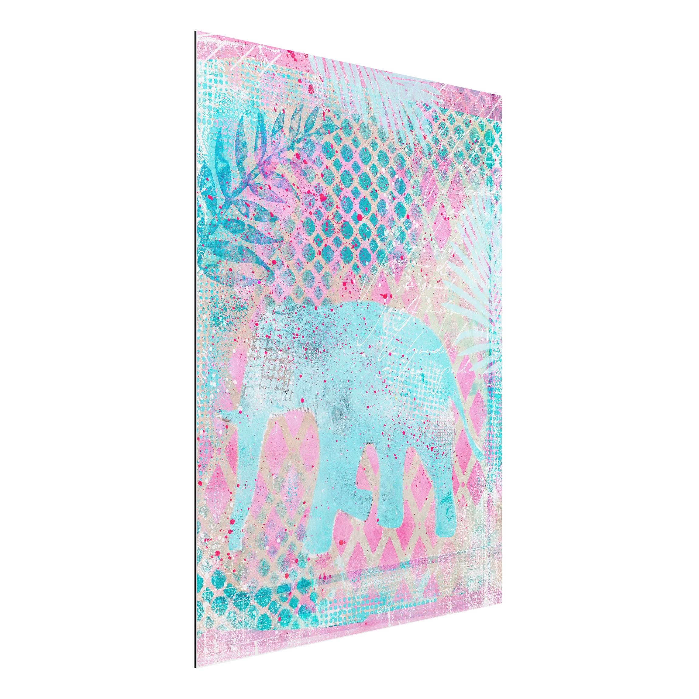 Alu-Dibond Outdoor Bild Bunte Collage - Elefant in Blau und Rosa