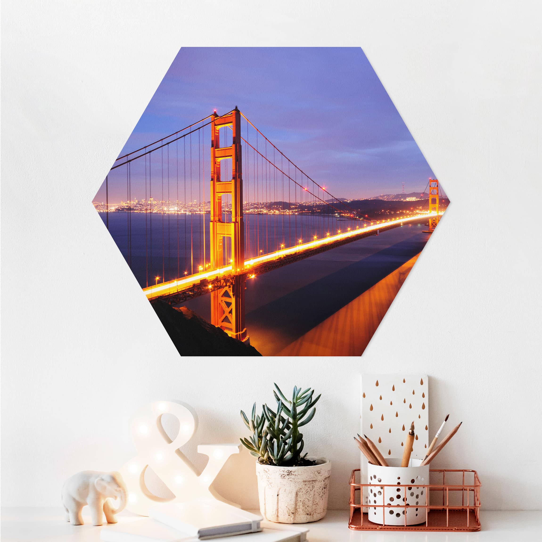 Hexagon-Alu-Dibond Bild Golden Gate Bridge bei Nacht