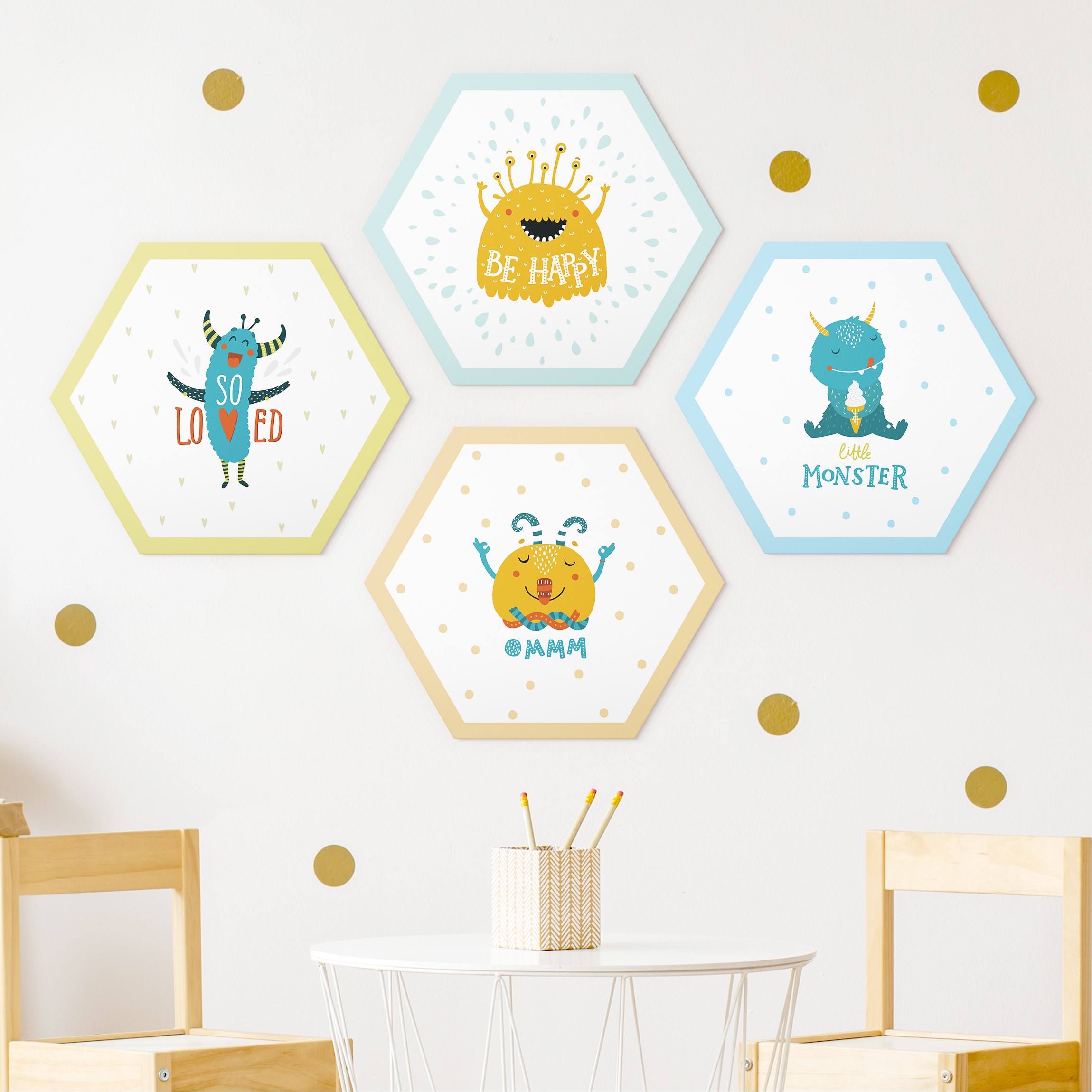 4-teiliges Hexagon-Alu-Dibond Bild Süße Monster Set I