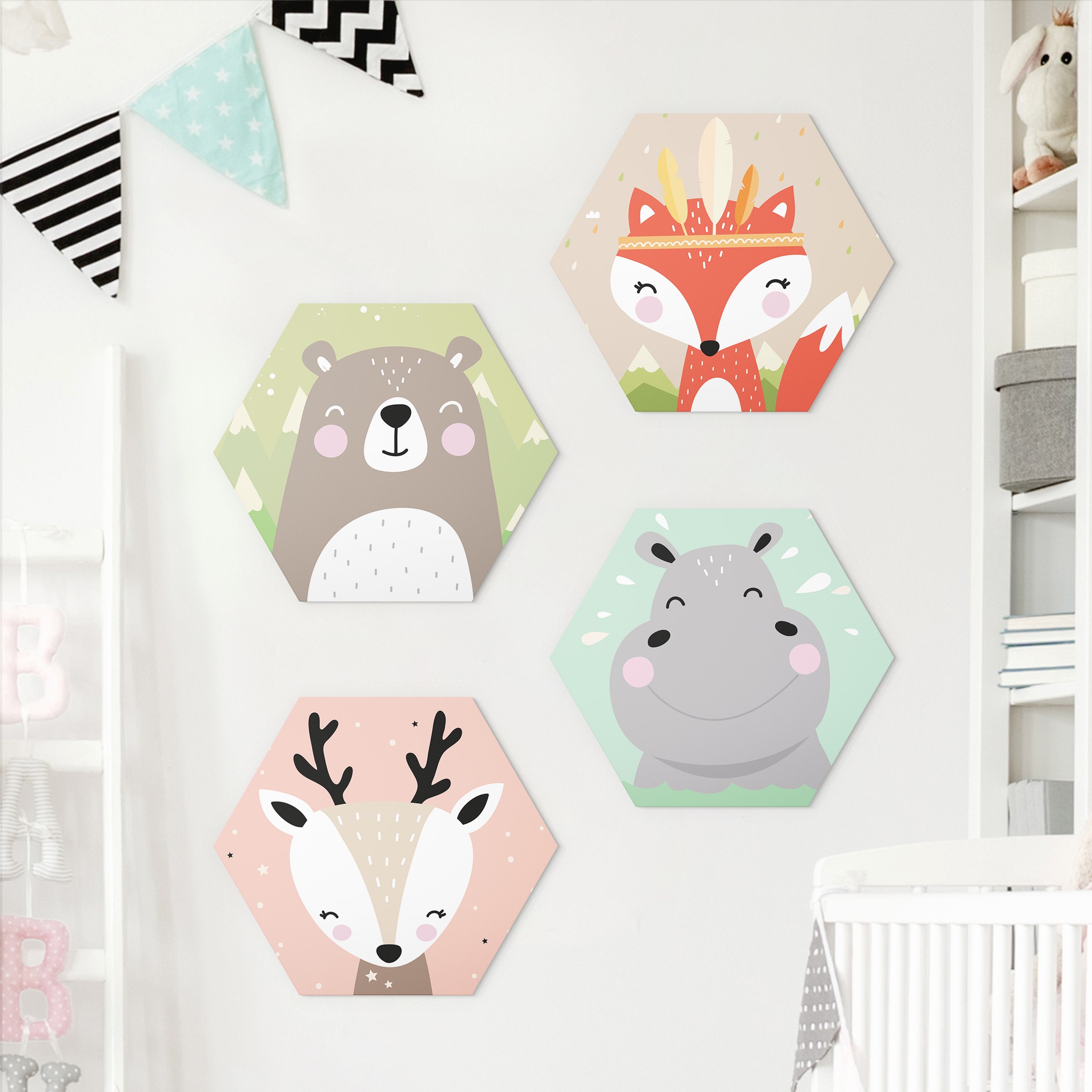 4-teiliges Hexagon-Alu-Dibond Bild Fuchs Reh Nilpferd Bär