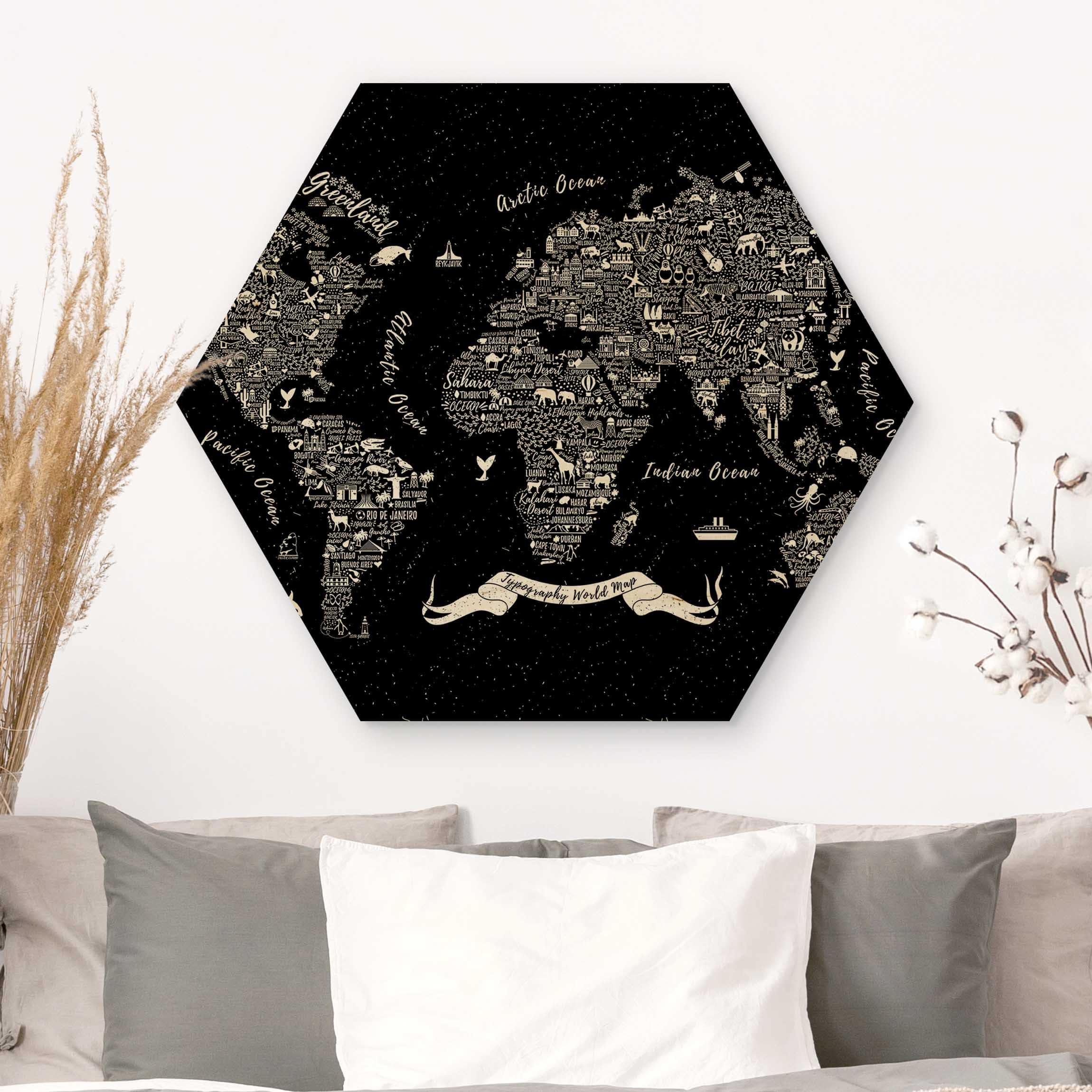 Hexagon-Holzbild Typografie Weltkarte schwarz