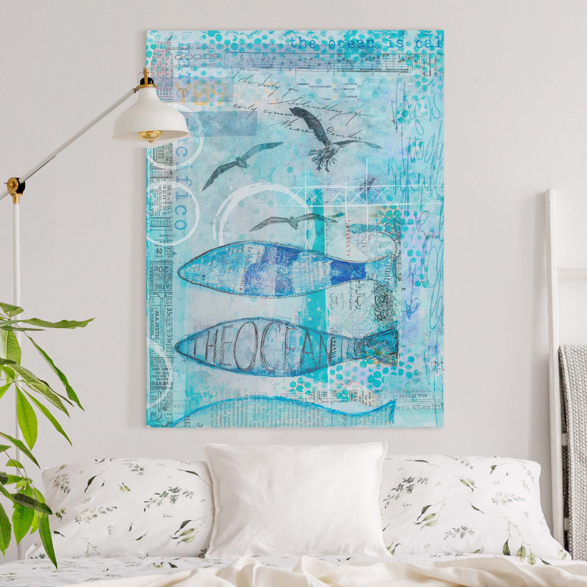 Leinwandbild Bunte Collage - Blaue Fische