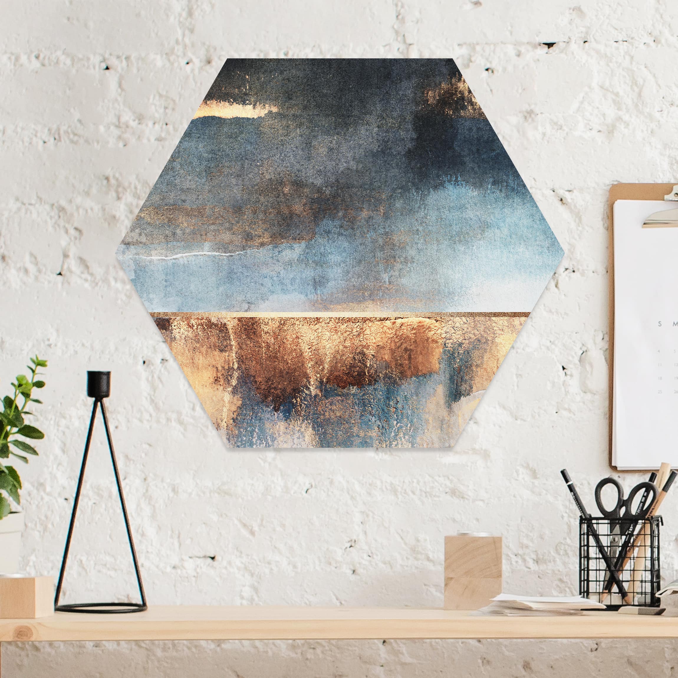 Hexagon-Forexbild Abstraktes Seeufer in Gold