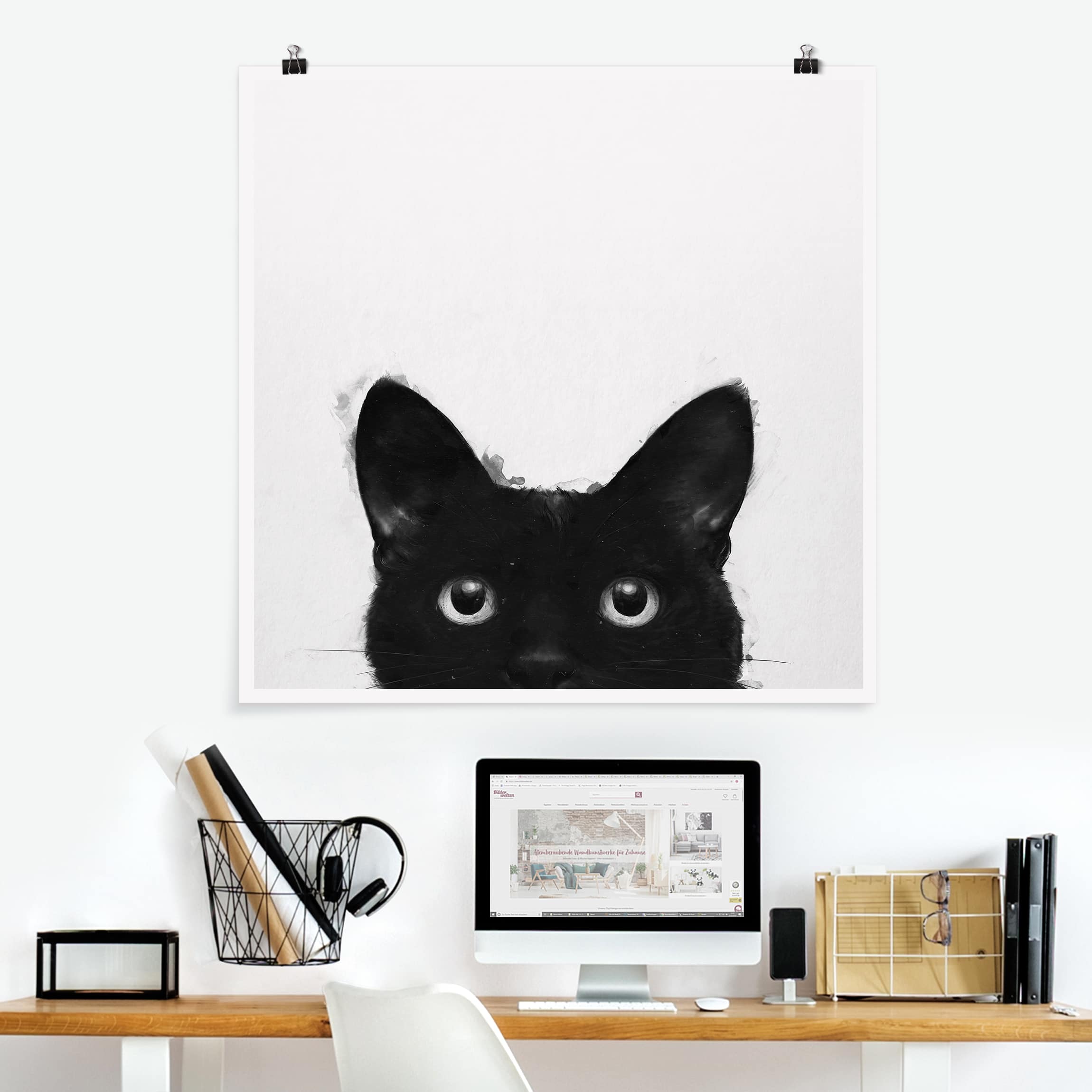 Poster - Quadrat Illustration Schwarze Katze auf Weiß Malerei