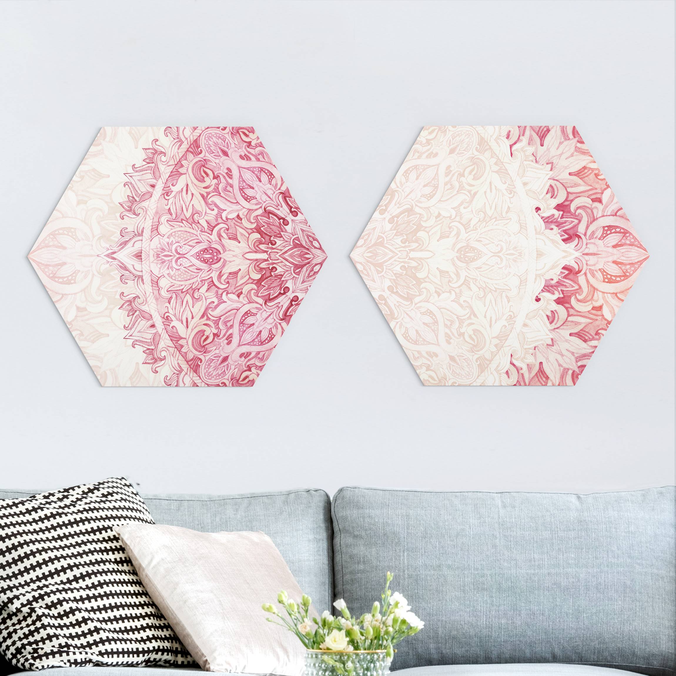 2-teiliges Hexagon-Alu-Dibond Bild Mandala Aquarell Ornament Set beige pink