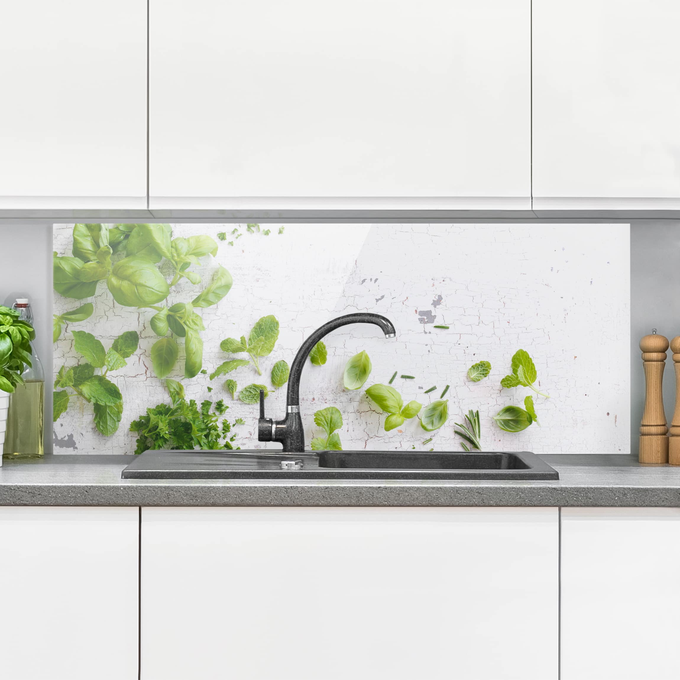 Glas Spritzschutz - Panorama Kräuter auf Holz Shabby